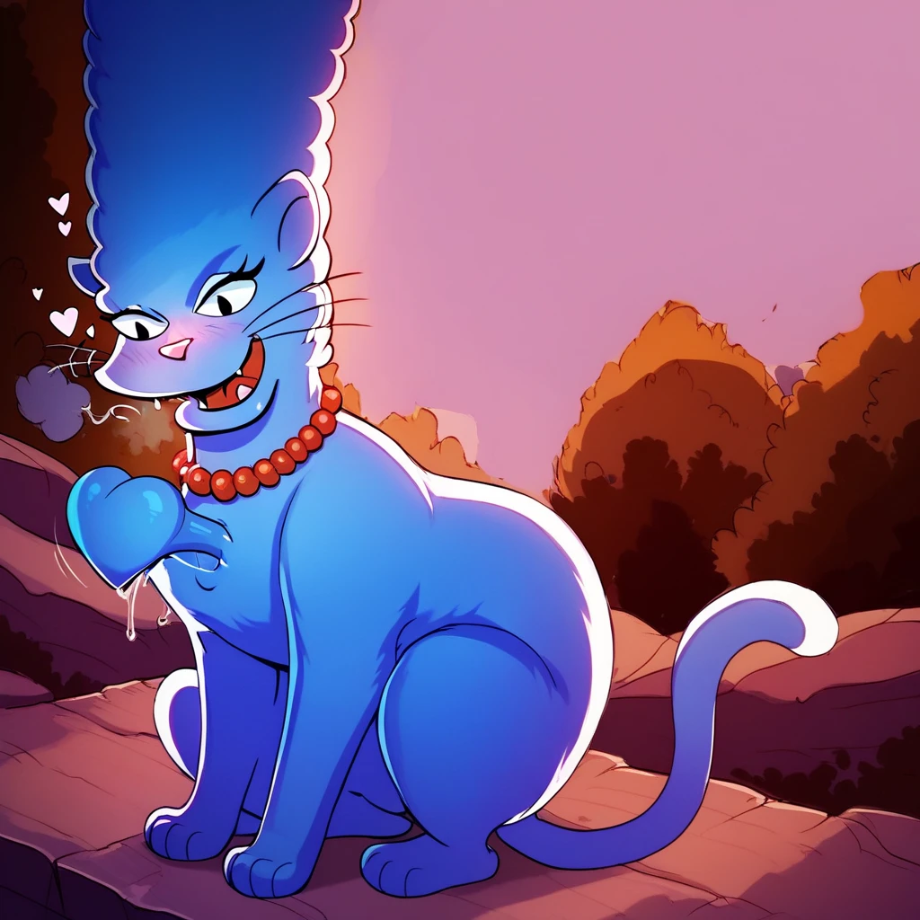Marge Simpson, panther form, feral, blue fur, blue panther, elongated tail, animalistic pose, cartoon style, exaggerated features, up standing on all sitting, blue hair, beehive hairdo, red necklace, feral, open mouth, fangs,heartbeat-chest,heart-out-of-chest,