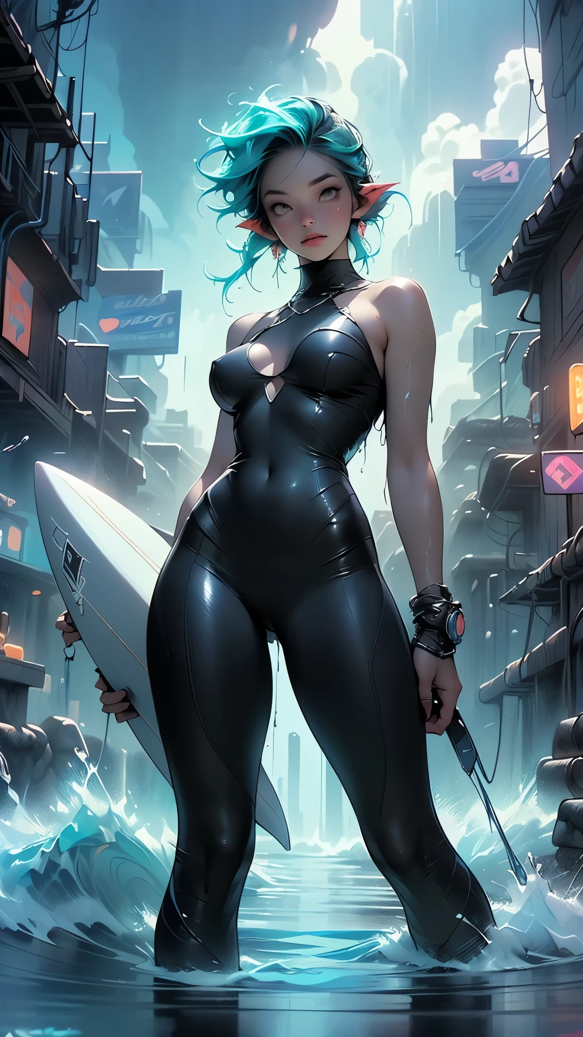 (front/standing/full body photo:2), one/woman/zombie, (large breasts:1.8), body in several wounds, wearing black silk maid's clothes half transparent all torn, extremely tight clothing on the body, maid's headdress on the head, no skirt, she is inside a cemetery at night with fog and a full moon in the sky, she has extremely pale skin, green eyes, blue hair, is doing exhibitionist pose for the viewer, is smiling, is staring at the viewer, anime style, 16k, UHD, masterpiece, high quality, high details, textured skin
