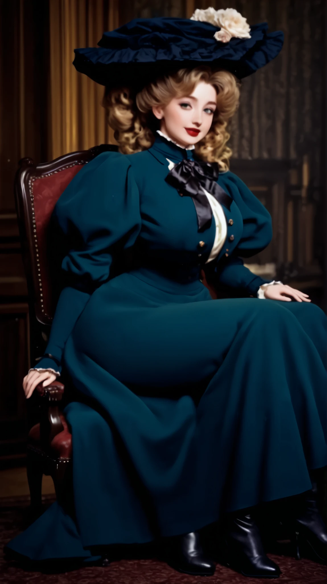 A coquettish 15yo blonde thot of the 1890s. Year 1897. ((Wearing high-collar white shirtwaist, black ribbon tie, open green jacket with puff sleeves, and wide-brimmed Gainsborough hat extravagantly topped with flowers, long green skirt)), petticoats, silk stockings and boots. Impossible hourglass figure. 1890_dr3ss. Victorian setting. (((Sitting on an elegant chair))). Strawberry blonde hair, rouge, red lips curled up in a seductive smile, big tits, 9in waist, bubble butt, thicc thighs