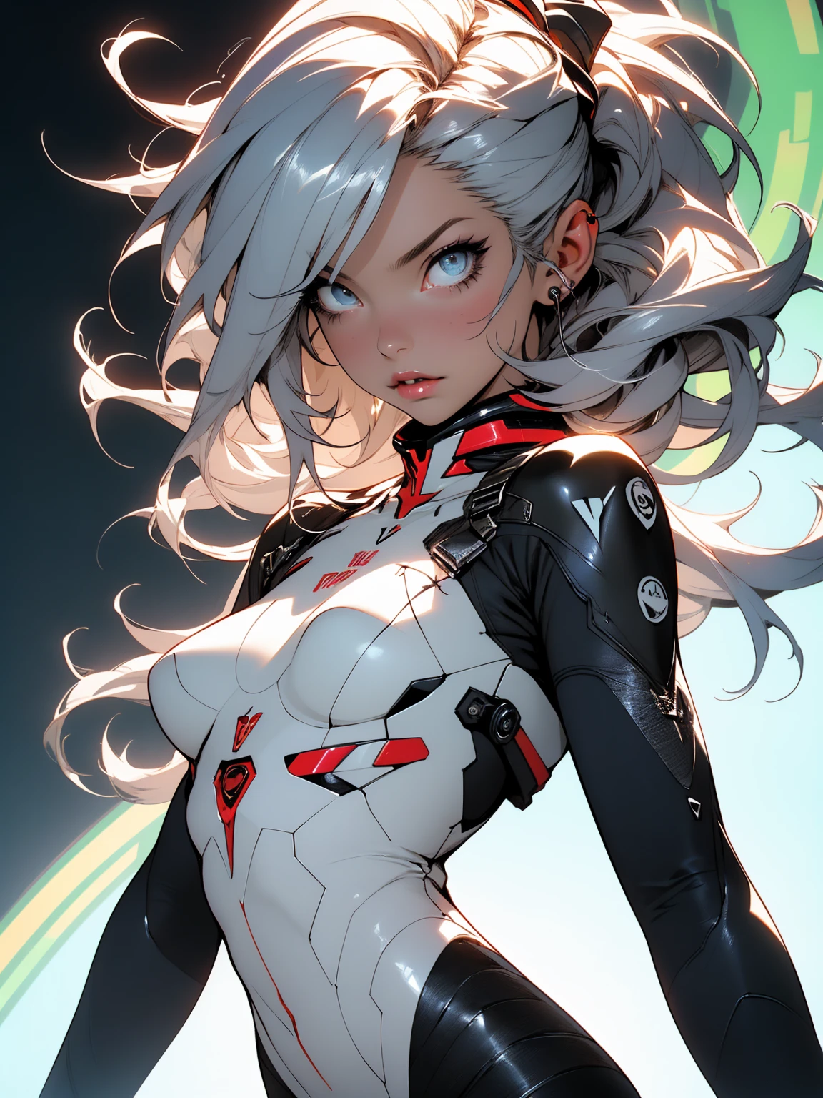 background, mixed-language_text, Japanese letters in graffit, girls, long hair, excellent lighting, high contrast sidelighting, perfect ultimate (flat color: 1.3), (magazine_cover: 1.4), (multicolored_background: 1.3), striped_background, card_background, :: comix style by joe madureira :: circular pieces of white metals glued to the ultra detailed arms coming out sparkling shine, , perfect and detailed, ultra detailed shirt with abstract design and with letter print Japanese in graffit of the sides of clothing, image of girls with big breast, on top of a futuristic motorcycle, with immersive effects, hover effect, background graffiti style tribal tattoo with flowers and vibrant colors, "ultra HDR" detailed and with focus effect, (masterpiece: 1.2, best quality), (beautiful eyes with huge eyelashes finely detailed: 1.2), , ((Solo)), (Finely detailed eyes and detailed face: 1.3),  in various full-body attack poses, (cute background: 1.2),futuristic costume, super detailed circular metals Clinging to the arms and pants, fantastic paintings