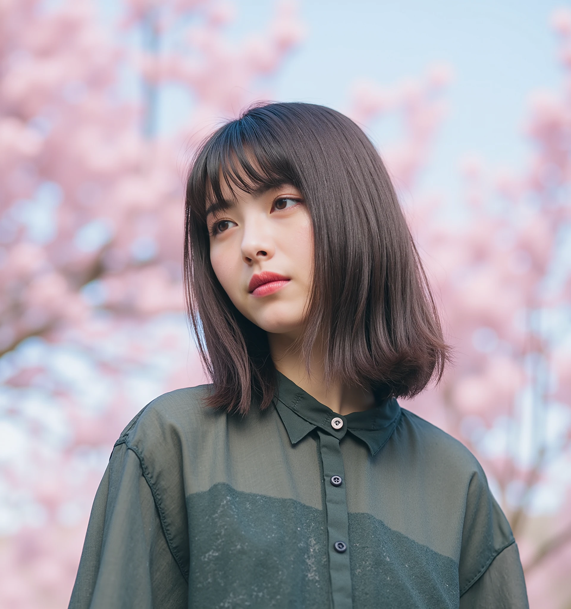 The image is a portrait of a young woman named hamabe with semi-long dark brown hair and bangs. Angle from below, background blur, background is future digital signage, chromatic aberration, looking up, blur, Photo_Curly, Photo_Curly, real, short pants, solo, horizon, look like a model, cherry blossom trees background