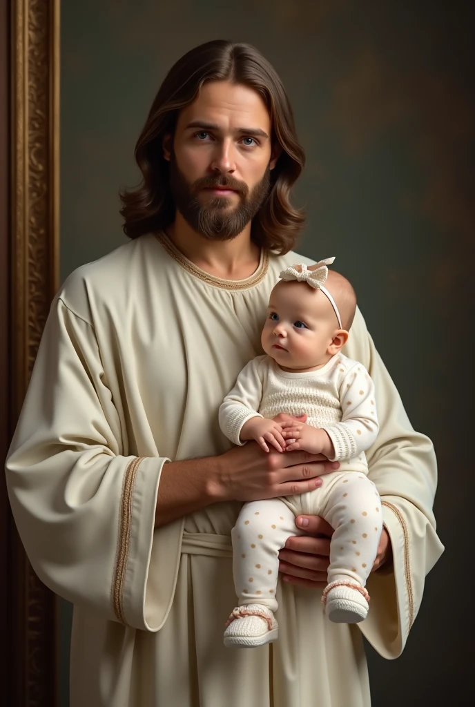 Jesus hugging an ultra realistic baby