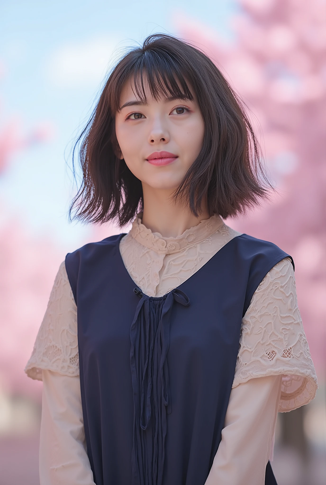 The image is a portrait of a young woman named hamabe with semi-long dark brown hair and bangs. Angle from below, background blur, background is future digital signage, chromatic aberration, looking up, blur, Photo_Curly, Photo_Curly, real, short pants, solo, horizon, look like a model, cherry blossom trees background