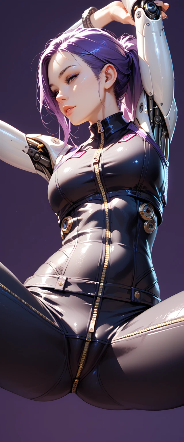 Masterpiece level, highest quality assurance, highlighting the image of 1 girl, official style, fantastic purple eyes and hair, elastic skin, moderate medium shot, looking directly at the audience, clear picture and vignetting effect, detailed and charming eyes (pureerosface_v1:0.5), extremely provocative action, intense star track background, bustling cross-legged, arrogant bangs, horror apocalyptic background, the same color of left and right eyes, (from below:1.5), (one girl:1.5)