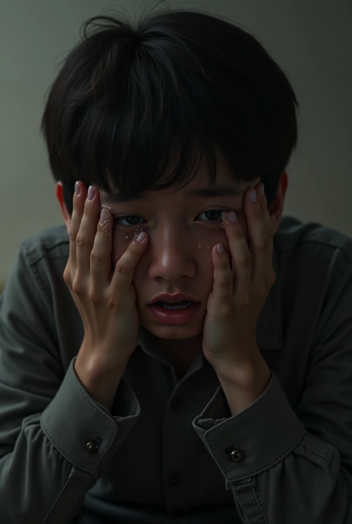 there is a young boy sitting on a chair using a laptop, sleepy expression, eyes closed or not visible, crying eyes closed!, eyes half closed, captured with sony a3 camera, one eye closed, noticeable tear on the cheek, detailed face of a asian boy, with closed eyes, very detailled face, close up potrait, soft eyes and narrow chin