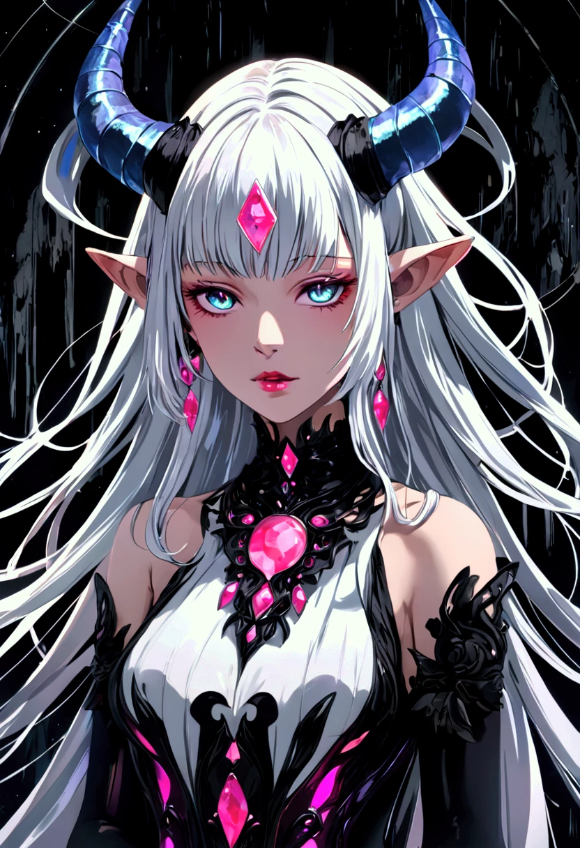 “force render on 10000000x% high quality, ultra detailed, colorful, abstract, fantasy, aidmaMJ6.1, bo-abyss, a digital drawing in an anime style, featuring a fantastical, otherworldly creature with a blend of fantasy and horror elements, the subject is a female character with pale blue skin and long, flowing white hair that cascades down her shoulders, her eyes are a striking, glowing pink, and her mouth is open wide, revealing sharp, pointed teeth, with a long, dripping pink tongue, she has large, pointed ears and a pair of prominent, curved, blue and pink horns protruding from her head, the horns are adorned with intricate, glowing patterns in shades of blue, purple, and pink, adding a surreal and otherworldly quality to her appearance, she wears a black choker around her neck and a black, sleeveless top that appears to be made of a shiny, metallic material, the background is a solid black, which contrasts sharply with her vibrant colors, making her stand out vividly, the overall composition is dynamic, with the character's expression and the flowing, ethereal quality of her hair and the glowing effects adding to her otherworldly appearance, partially blended with abstract digital elements. The scene has a dark, moody ambiance. The background features layers of glitch art, fragmented texts, and metallic textures. contrasting against the monochromatic tones of black, grey, and hints of green. Smudged paint and scratches add a sense of decay and technology.