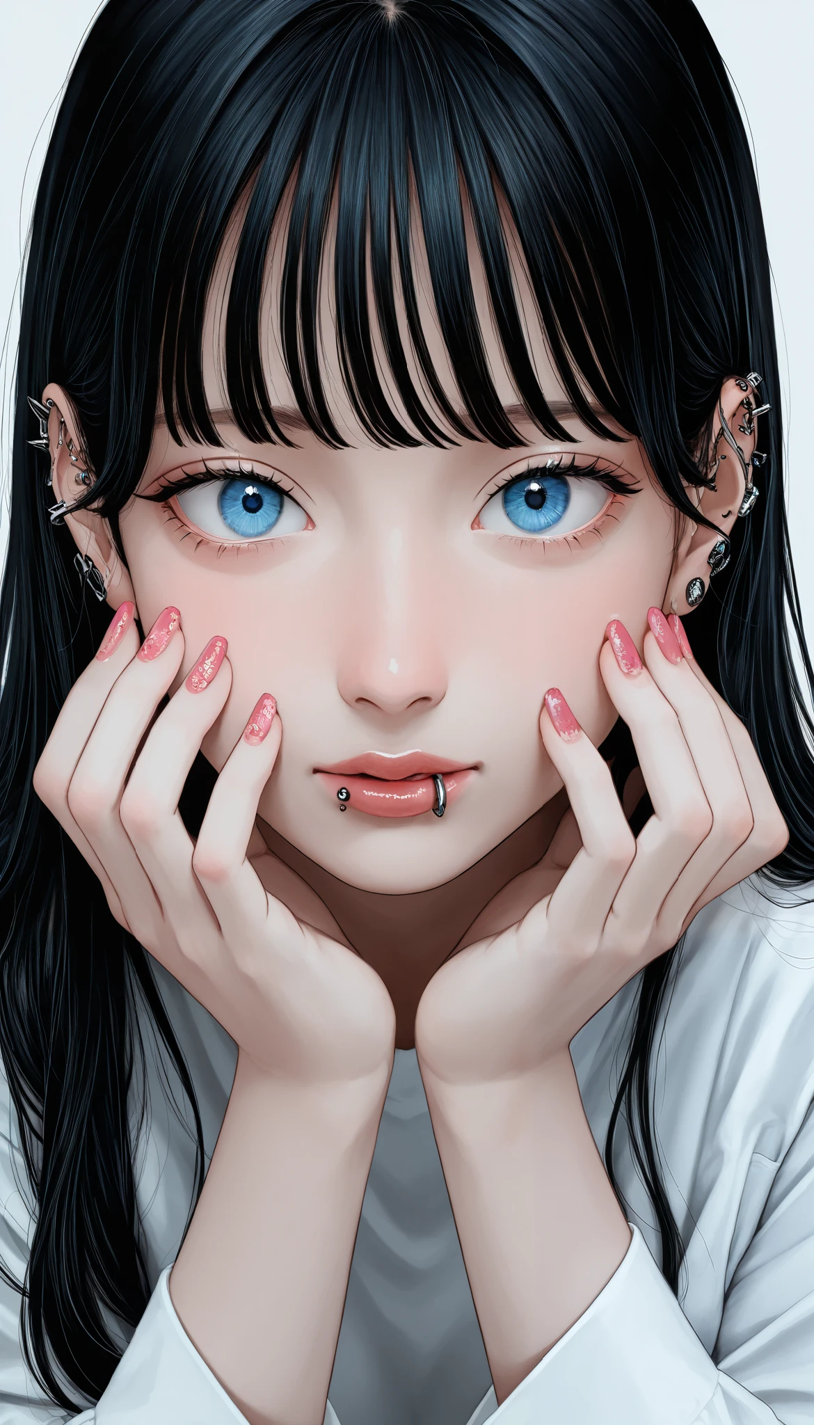Line art, black and white,deep, blue eyes,pink nails,iron lip piercing