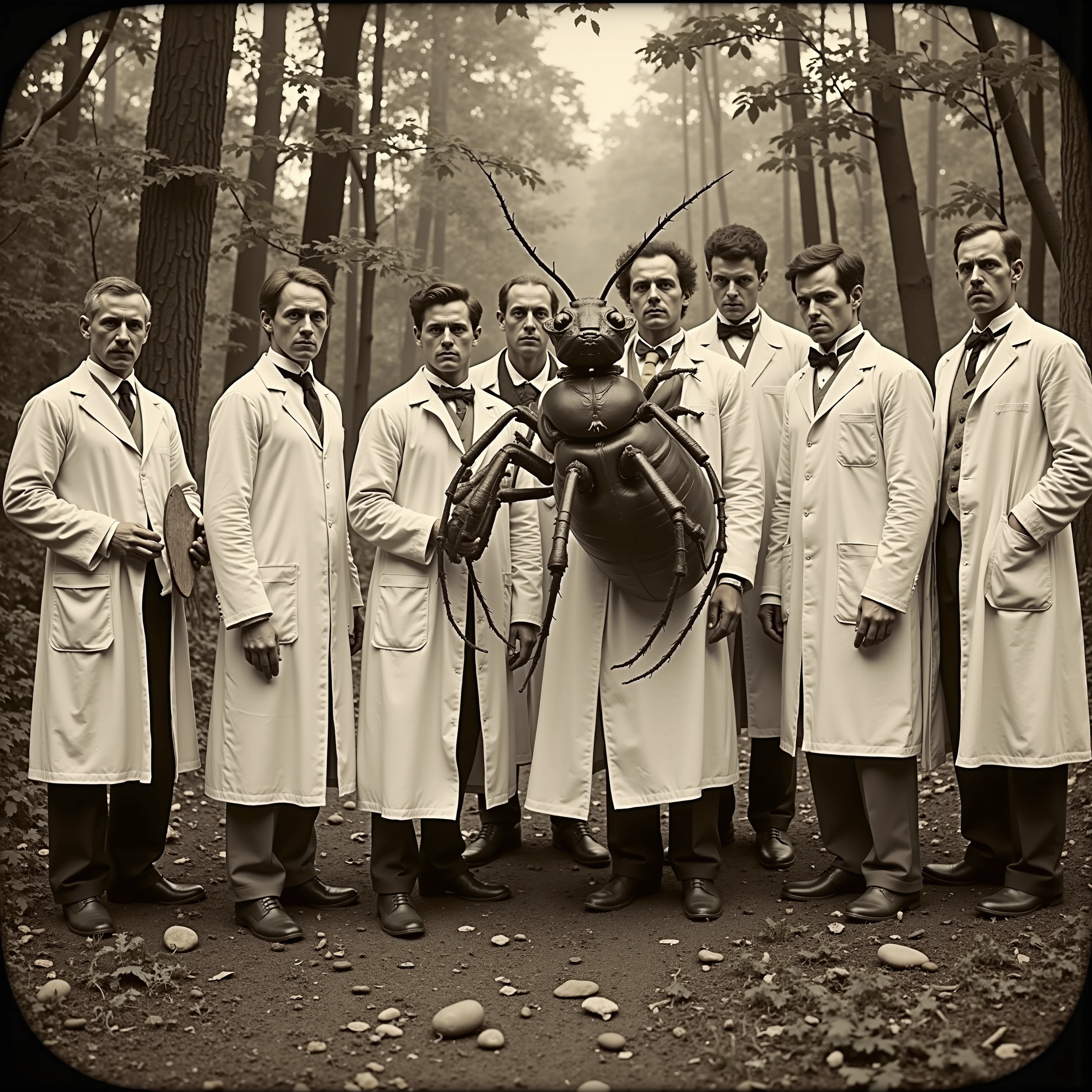Daguerreotype photo. Scientists in white lab coats pose outside with a giant insect. Photo realistic