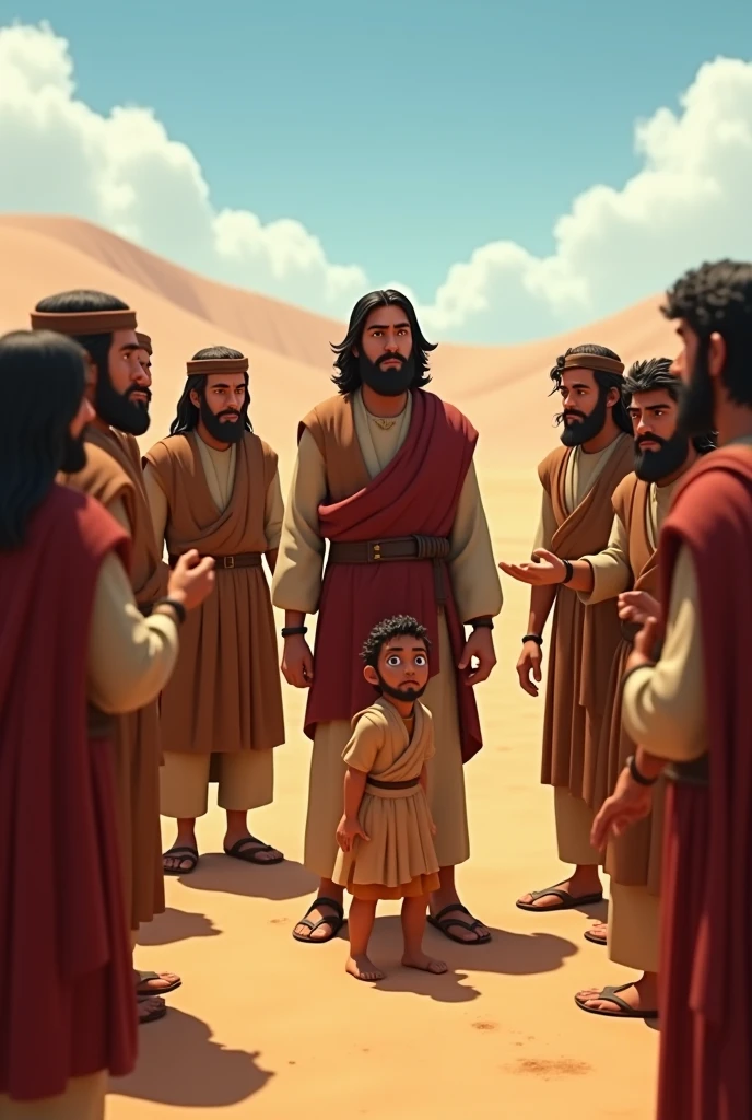 Make 10 Hebrew men and a young Hebrew boy all of them with surprised face inside a Egyptian palace