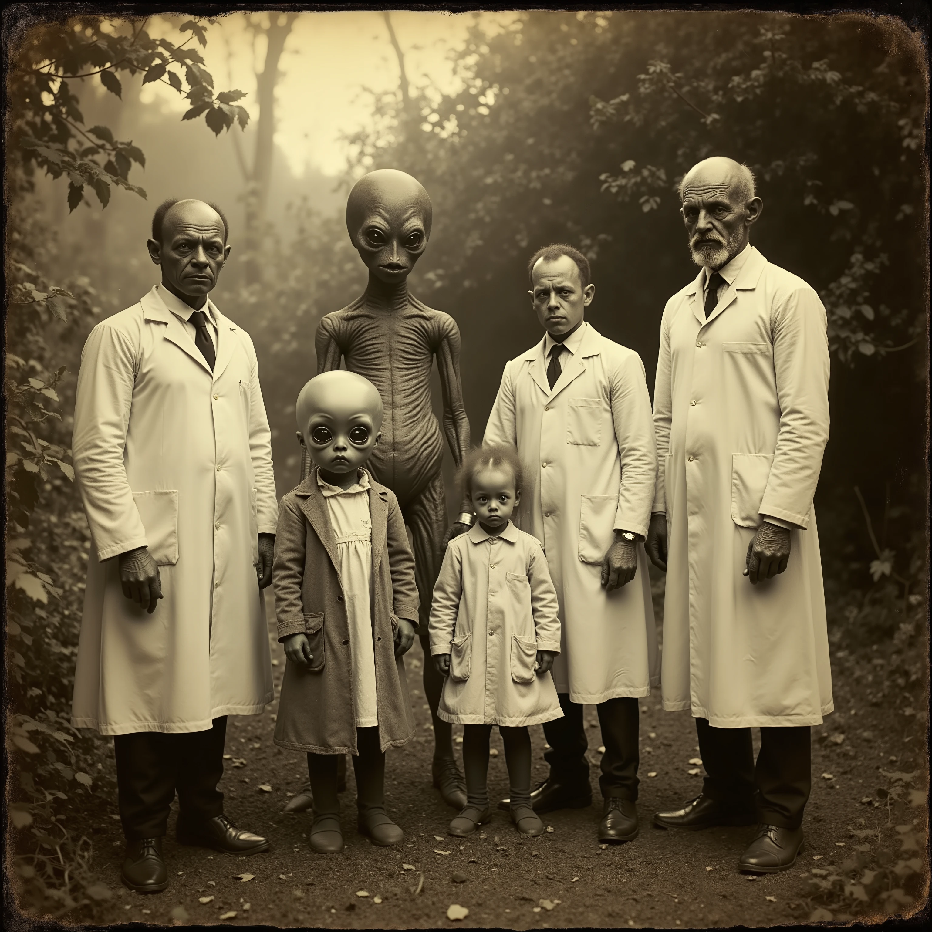Daguerreotype photo. Scientists in white lab coats pose outside with a a short grey alien with large black eyes, and a tall grey alien with large black eyes. Photo realistic