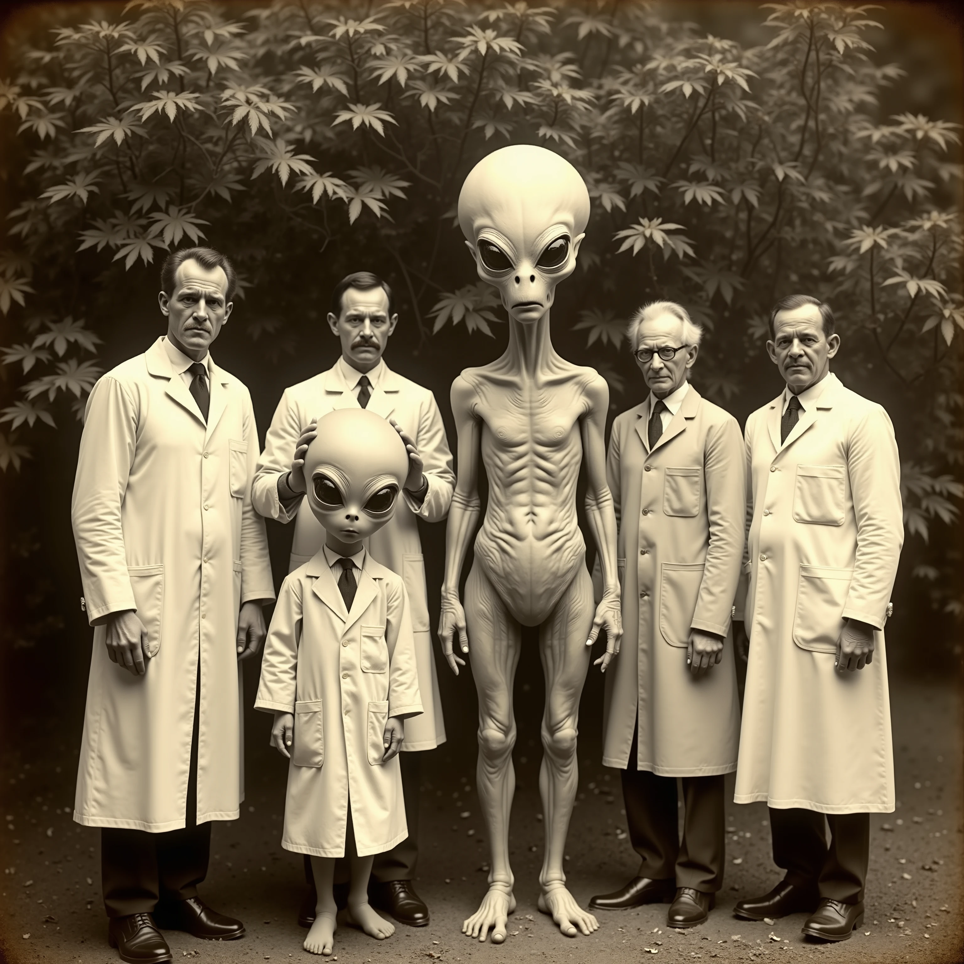 Daguerreotype photo. Scientists in white lab coats pose outside with a a short grey alien with large black eyes, and a tall grey alien with large black eyes. Photo realistic