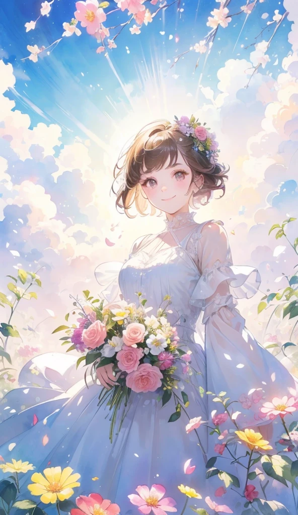 1Girl, brown hair, short cut, brown eyes,flower crown, beautiful eyes, smile, happy, white dress, bouquet, holding with both hands, upper body, on grassland, blue sky
