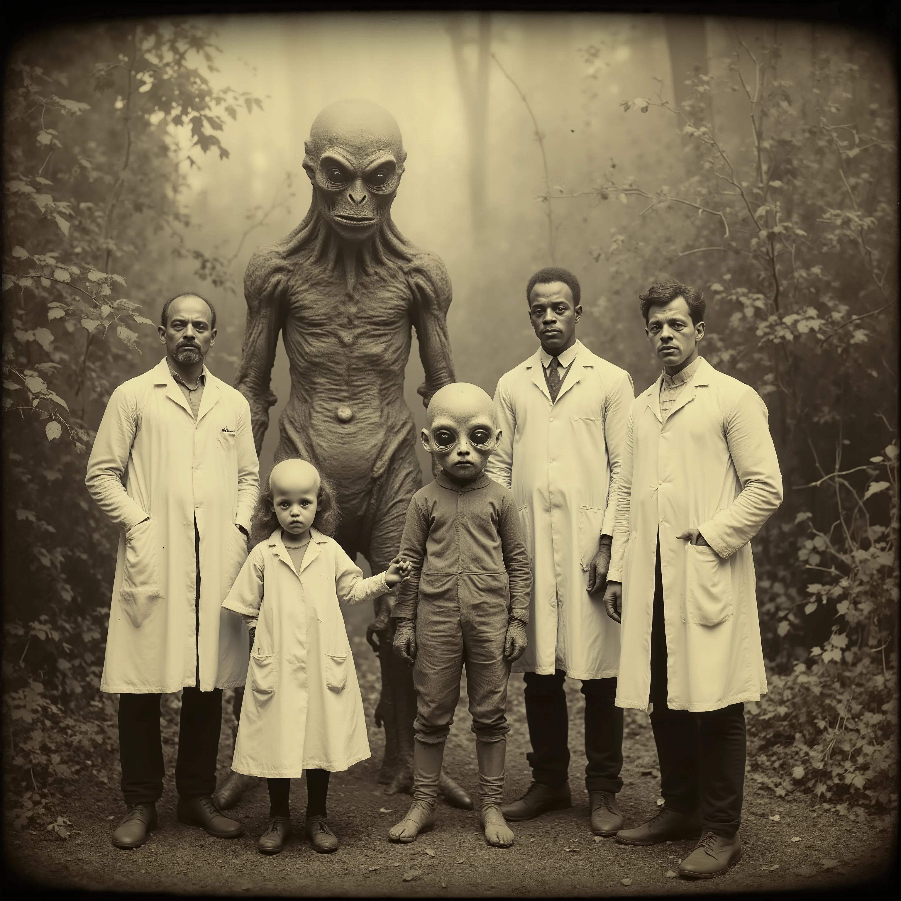 Daguerreotype photo. Scientists in white lab coats pose outside with a a short grey alien with large black eyes, and a tall grey alien with large black eyes. Photo realistic