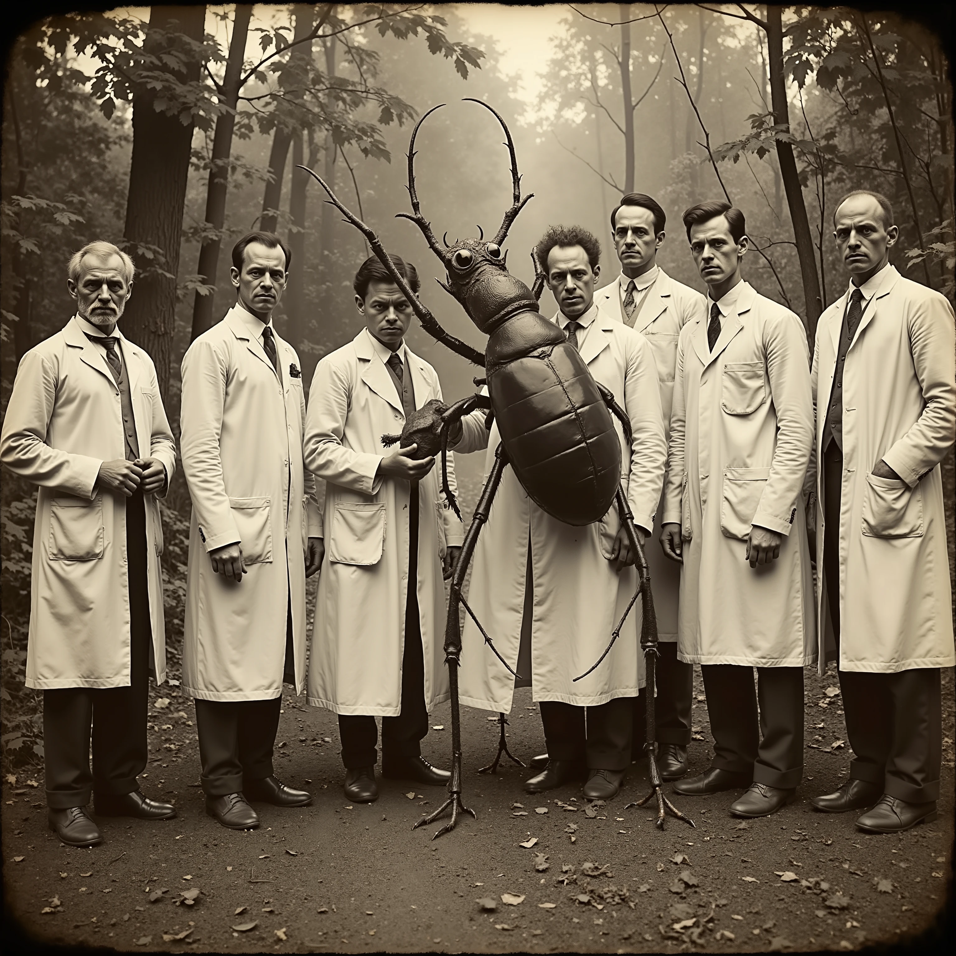 Daguerreotype photo. Scientists in white lab coats pose outside with a giant insect. Photo realistic