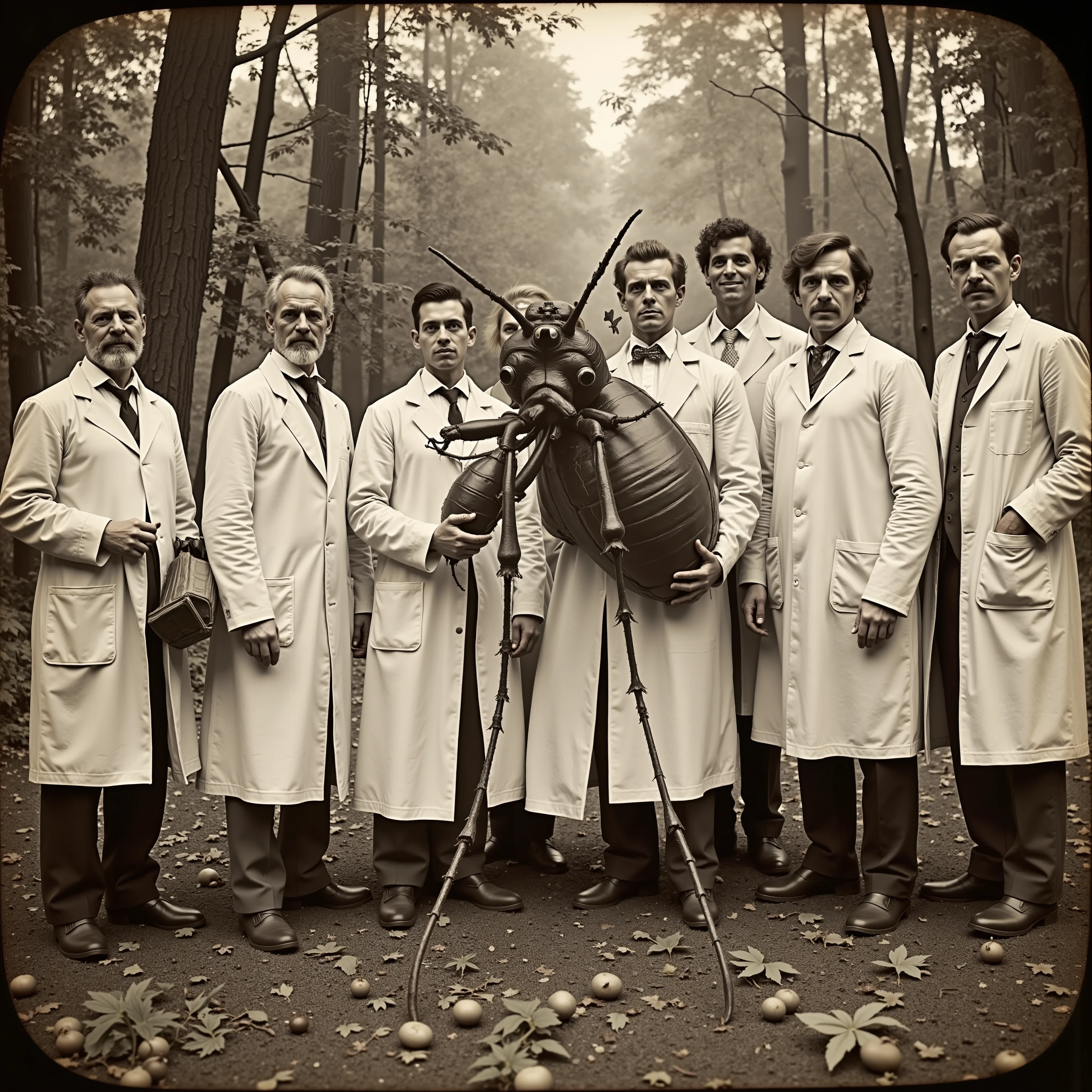 Daguerreotype photo. Scientists in white lab coats pose outside with a giant insect. Photo realistic