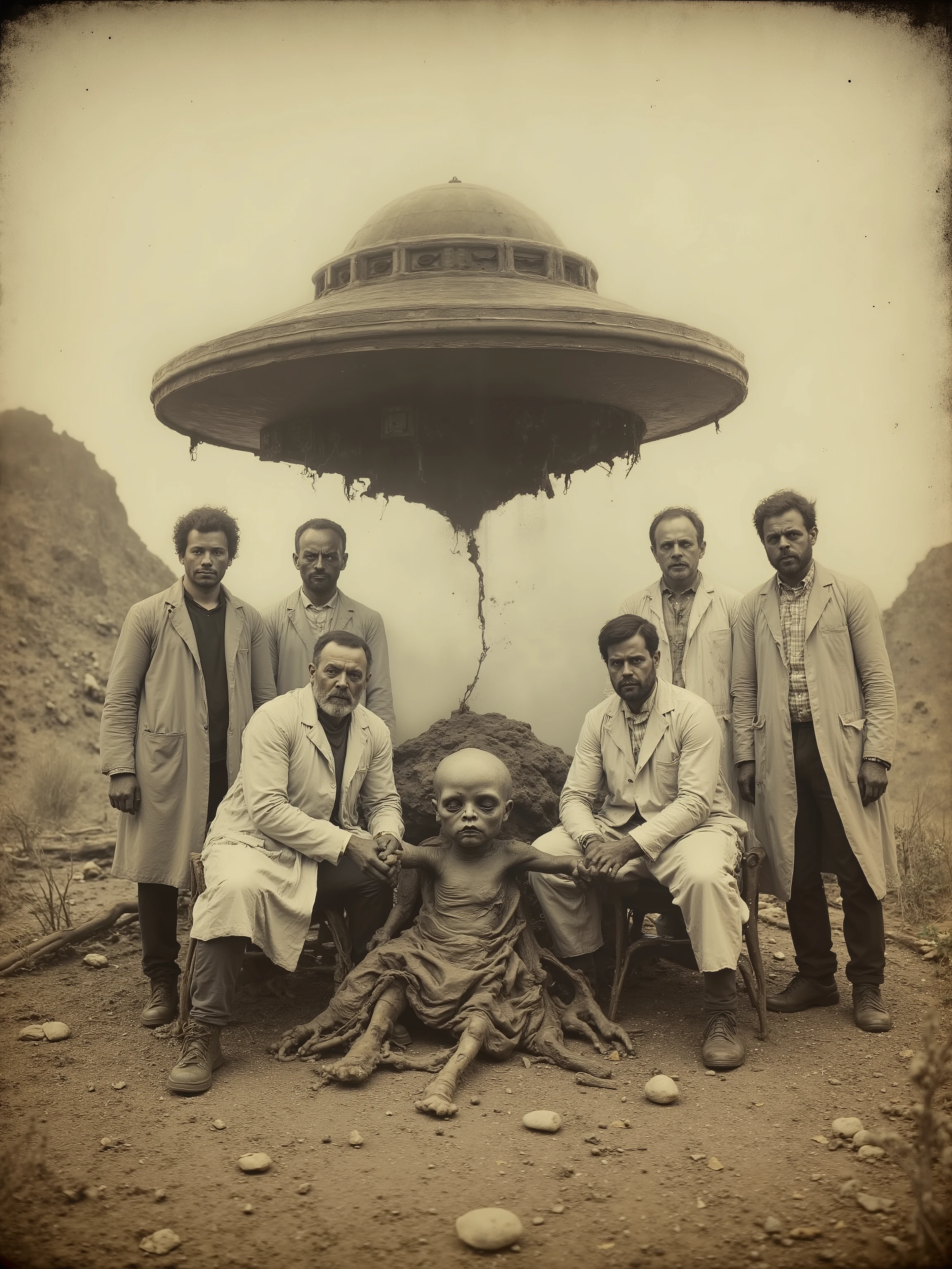 Daguerreotype photo. Scientists in white lab coats pose in the desert with a crashed UFO and an injured short grey alien with a large head and very large solid black eyes. Photo realistic