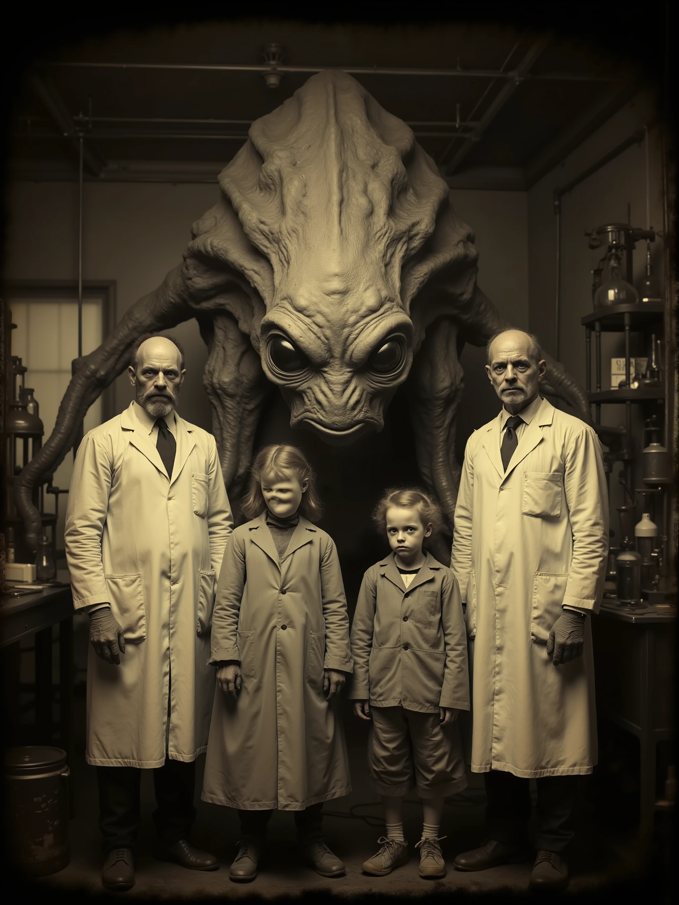 Daguerreotype photo. Scientists in white lab coats pose in the in laboratory with a grey alien with a large head and very large solid black eyes. Its standing next to two human/alien hybrid ren, Photo realistic