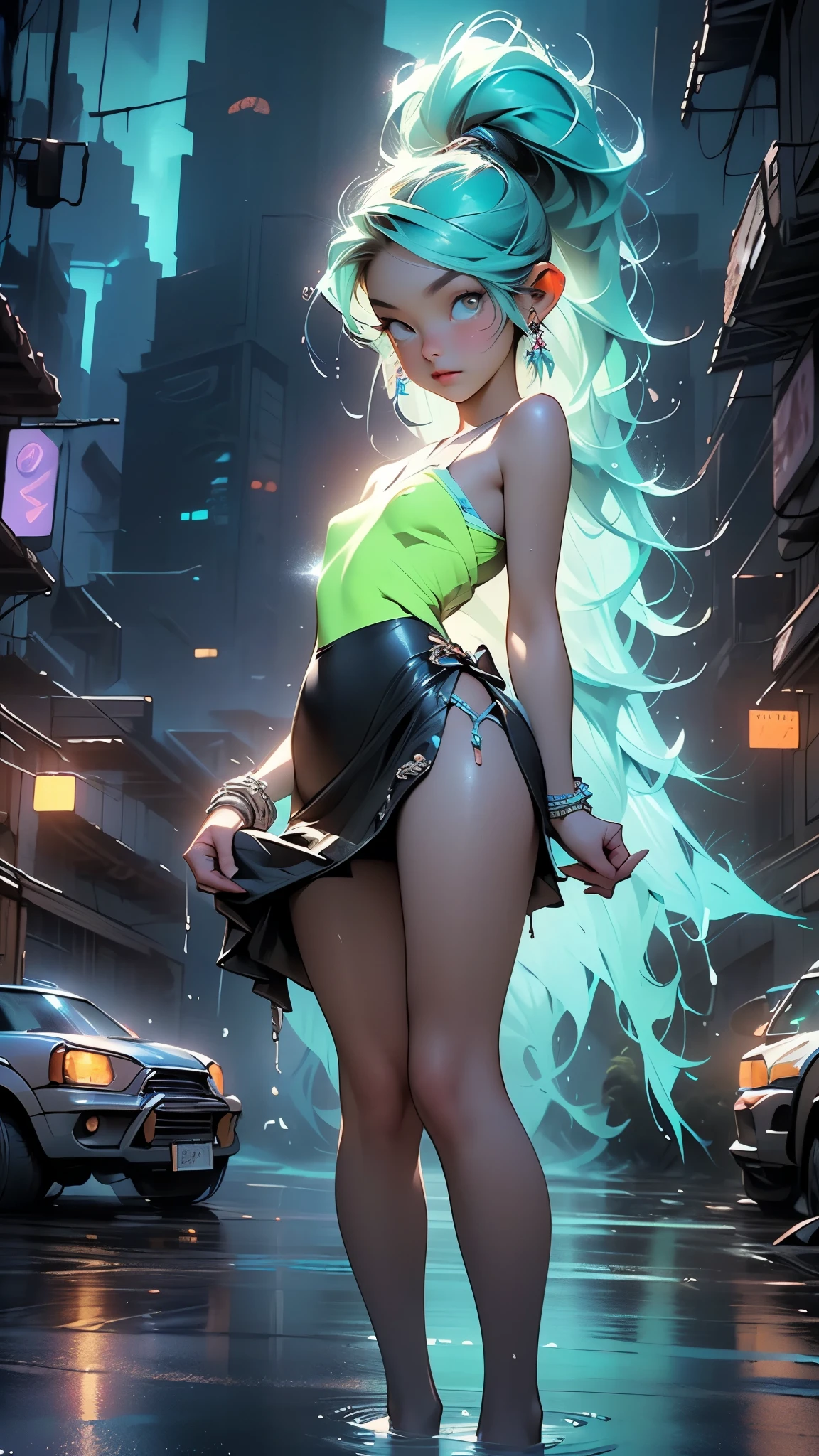 cute little ,(((little ,small tiny body,,chibi))),(((6 years old))),((little with extremely cute and beautiful aqua hair)),(baby face),(round face),
(((flat chest))),(((aqua hair:1.5,long aqua hair,ponytail,colored inner hair,ear breathing,))),((heterochromia:1.5, (aqua_eye and yellow_eye))),intricate eyes,beautiful detailed eyes,symmetrical eyes,big eyes:1.5,(((lustrous skin:1.5,bright skin: 1.5,skin tanned,shiny skin,very shiny skin,shiny body,plastic glitter skin,exaggerated shiny skin,illuminated skin,wet legs))),(detailed body,(detailed face)),
cute,slutty,erotic,((nsfw)),
zettai ryouiki,(revealing clothing,show skin),((sideboob)),(barefoot,),(((breast curtain,low rise mini skirt,high cut thong))),((colorful clothes, clothes in neon colors)),((wet clothes,intricate outfit,intricate clothes)),
(dynamic pose:1.0),solo focus,embarrassed,(centered,scale to fit dimensions,Rule of thirds),
cyberpunk city by the ocean at night, with bright neon signs and dark stormy clouds and puddles, scenery:1.25,nighttime, starry night, cosmos,Very dark night that makes the neon lights stand out, very bright neon lights,nighttime, starry night, cosmos,
artistic photography,(photography taken by sldr),highres, sharp focus,(ultra detailed, extremely detailed), (photorealistic artwork:1.37),(extremely detailed CG unity 8k wallpaper),((synthwave background theme)),(((vibrant colors))),intricate,(intricate background),(masterpiece),(best quality),perfect rendered face,perfect face details,realistic face,photo realistic,analog style,((intricate detail)),(((realism))),