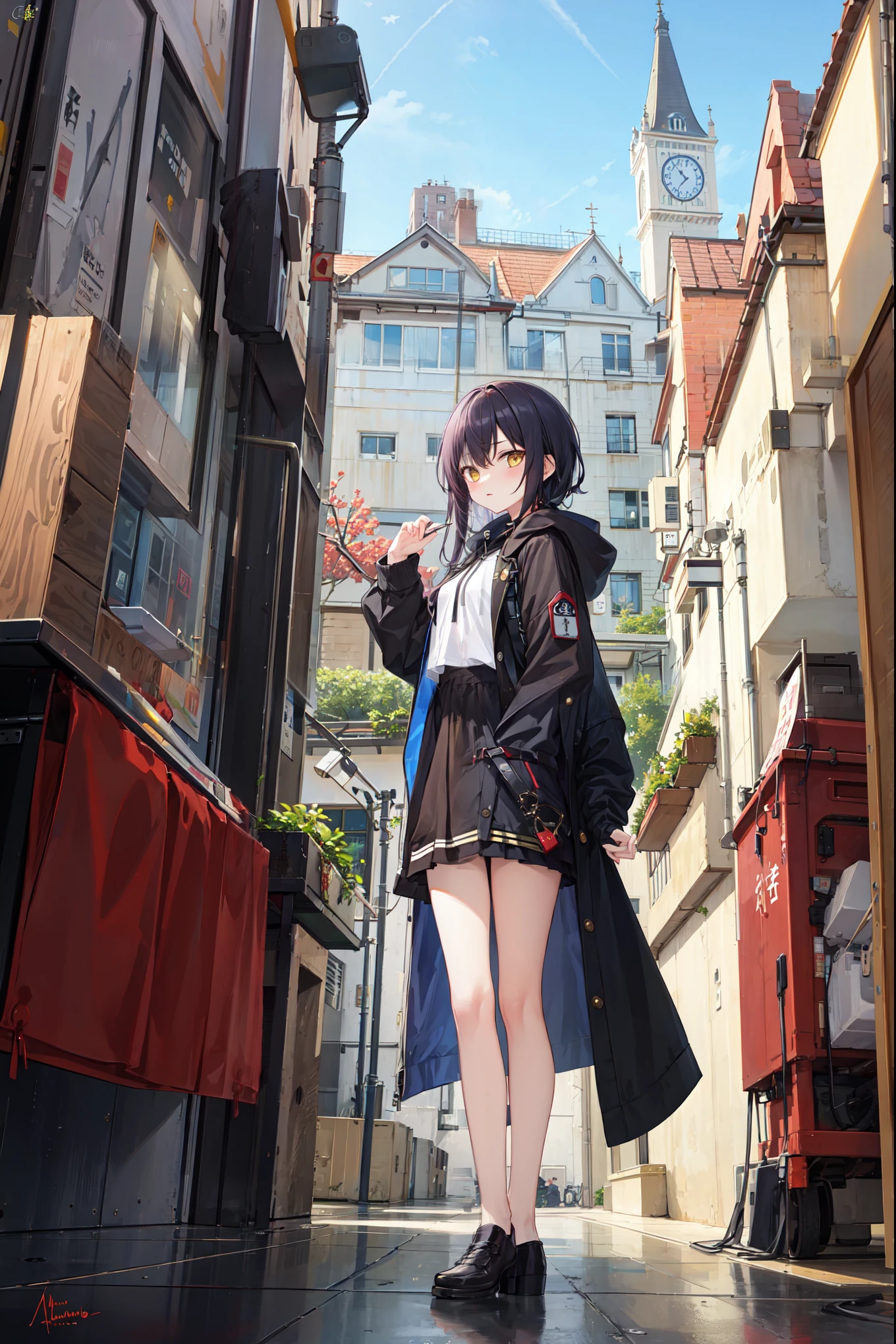 masterpiece, best quality, very aesthetic, absurdres,city ,shino, shino hood, yellow eyes