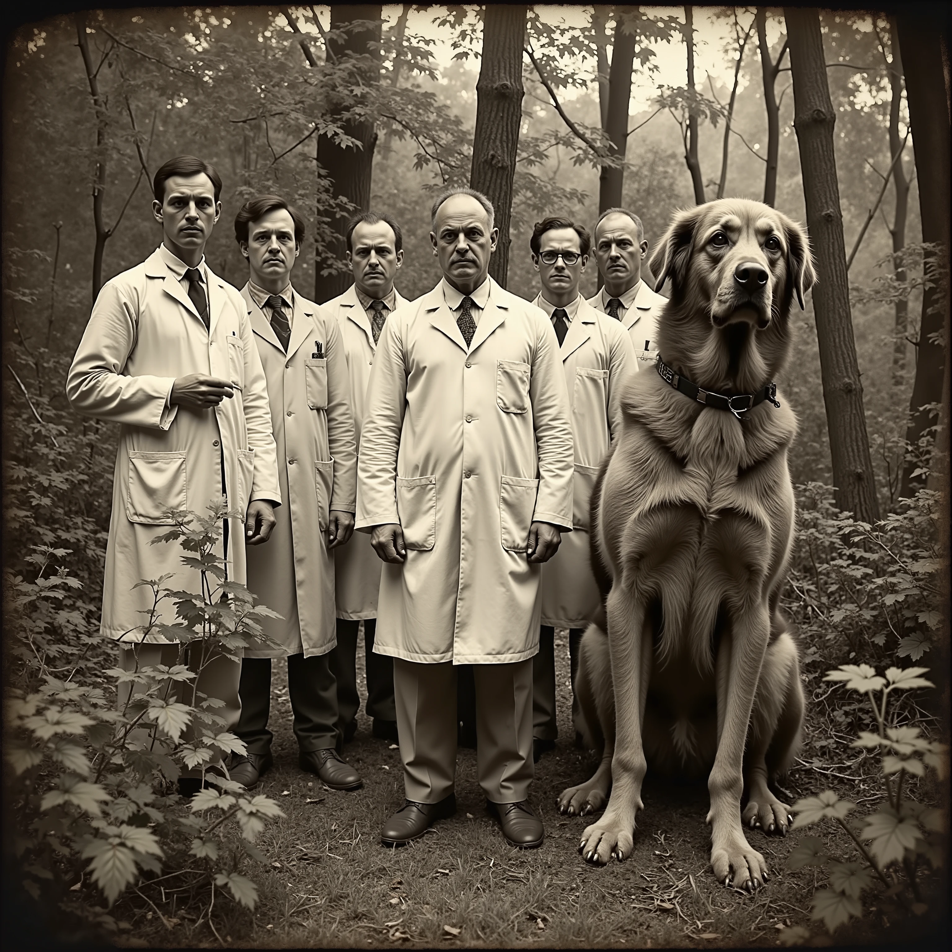 Daguerreotype photo. Scientists in white lab coats pose outside with a giant dog. Photo realistic