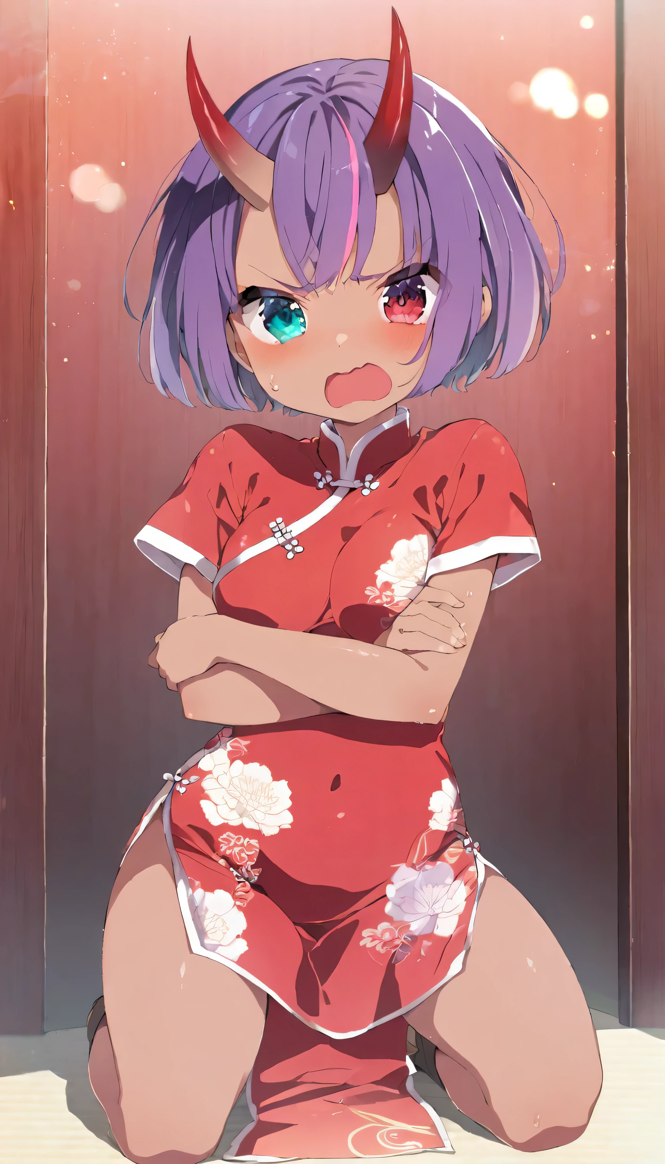 nsfw,(best quality), film grain, , a ogre girl , solo, massive, (cute), a cute red qipao, red and purple gradation Hair, short hairstyle, (dark skin :1.3), a shiny red single horn on the forehead, {turime, heterochromia, Turquoise:1.2, Ruby: 1.2}, ((middle breasts)), simple dark background, the background is Chinese restaurant, swayback stance , full body, ashamed, angry, sweaty, open mouth, gravure pose, Kyoto animation style illustration , watercolor tone, ,