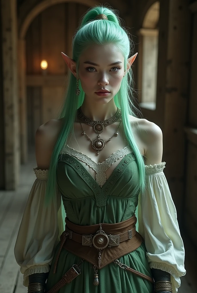 HYBRID FACE BETWEEN CLAUDIA SCHIFFER AND GISELE BUNDCHEN , BUST IMAGE STYLE, STUDIO IMAGE STYLE, BLACK INFINITE BACKGROUND, DIFFUSED LIGHTS ON FACE, STRONG BACK LIGHTS, CLOSE FACE SHOT, PLATINUM LONG HAIR, HUGE STRAIGHT LONG HAIR, BRAID HAIR STYLE, PLATINUM EYEBROWS, VERY PALE SKIN, ELF WOMEN, TOLKIEN MITHOLOGY, EXPOSED TIP EARS, HIGH CHEEKBONES, ROSY CHEEKS, GORGEOUS LIPS, SOFT LIPSTICK, CURVY BODY, VOLUMOUS BREASTS, STRAPLESS CLEAVAGE, GREEN VICTORIAN DRESS, ENIGMATIC FACE EXPRESSION, SIDE FACE VIEW, EYES LOOKING TO THE SIDE, TOLKIEN MITHOLOGY, HIGH QUALITY IMAGE, MASTERPIECE, 8K