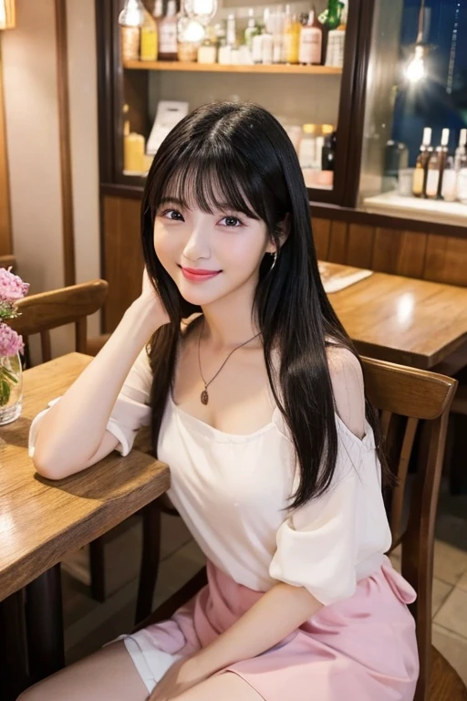 (8k, RAW Photo, Best Quality, Masterpiece:1.2), table top, Ultra Detail, Super Resolution, (Realistic, Realistic Photo:1.37), Portrait, High Detail RAW Color Photo, Professional Photo, Extremely Detailed and Beautiful, Extremely detailed, 8k wallpaper, amazing and detailed, huge file size, official art, highly detailed CG unity 8k wallpaper, highly detailed beautiful girl, highly detailed face, highly detailed eyes, highly detailed skin, highly detailed fingers, highly detailed nose, very detailed detailed mouth , perfect anatomy, highly detailed background, highly detailed clothes, 1girl, ,cute girl, realistic body, fair skin, glowing skin , slim body, handsome body, black hair , Semilong hair, (blunt bangs:1.2), smile, cute, youthful, cute face, realistic face, delicate eyes, drooping eyes, looking at viewer, standing posture, Contraposto, dynamic lighting, (medium breasts), (Perfect Body Proportions), (slender Body Proportions), (tank top), (mini skirt), (Inside the pub),