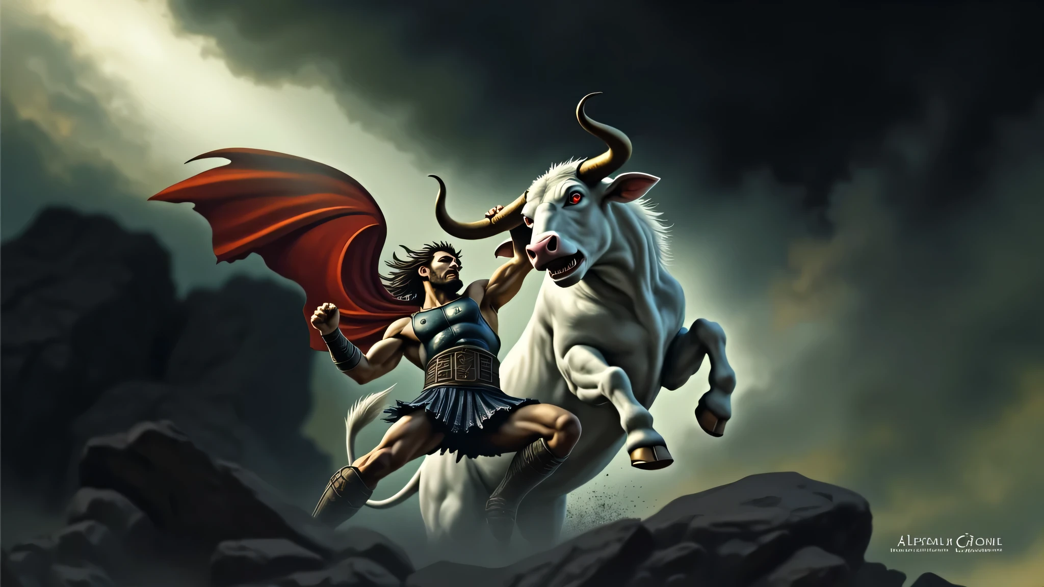 Create a realistic and violent image of Hercules dominating a white bull with red eyes. Hercules is dressed in armor and unarmed, holding the bull by its horns as the bull tries to throw him off. The scene should capture the intense struggle and raw power of both Hercules and the bull, with dramatic lighting and a dynamic background that emphasizes the ferocity of the encounter.