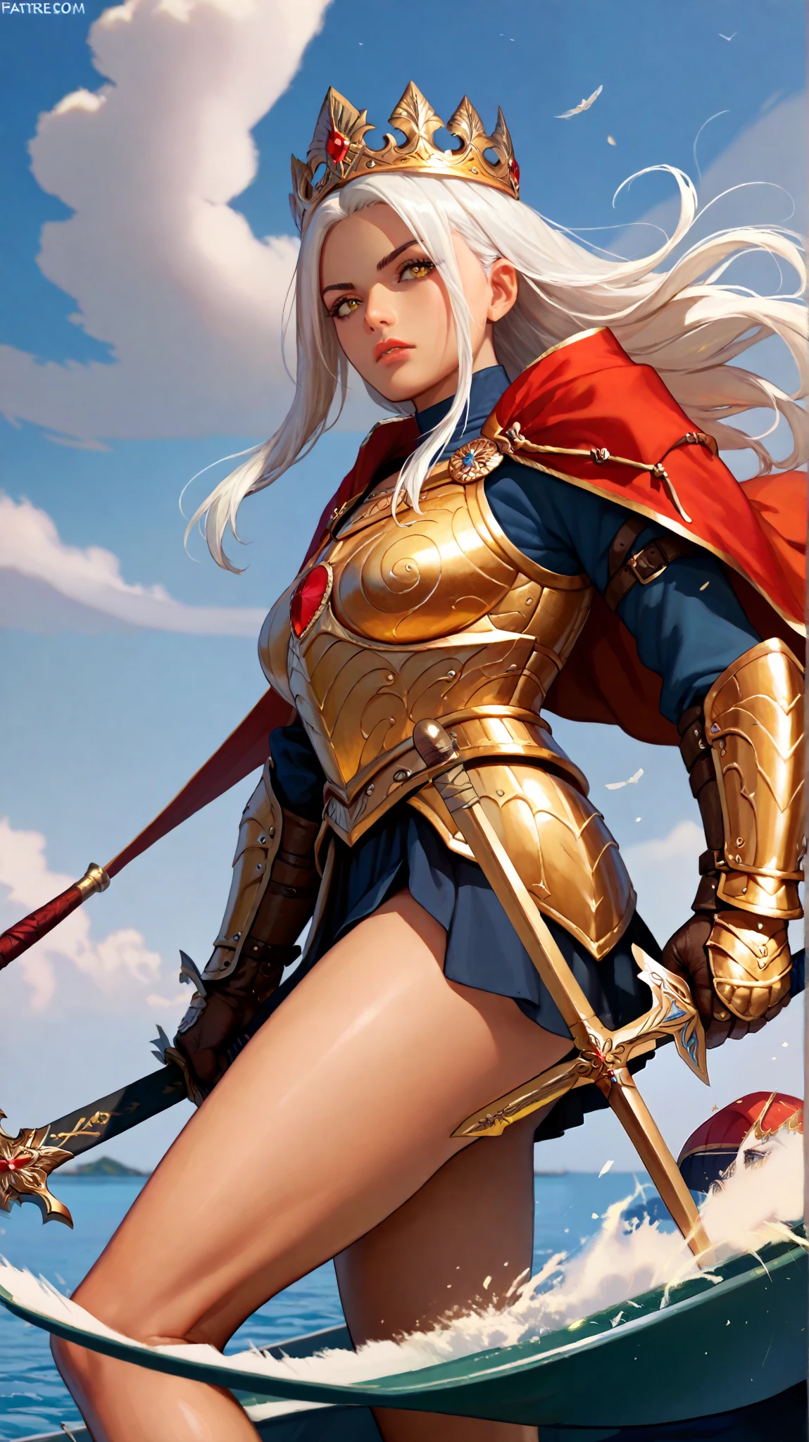  Create a woman of fire , very high,  with long white hair ,  yellow eyes,  very beautiful with a body sculpture ,  wearing golden armor ,  wearing a golden crown with red stones,  she is fighting with swords ,  against an enemy in black armor , and boat head 