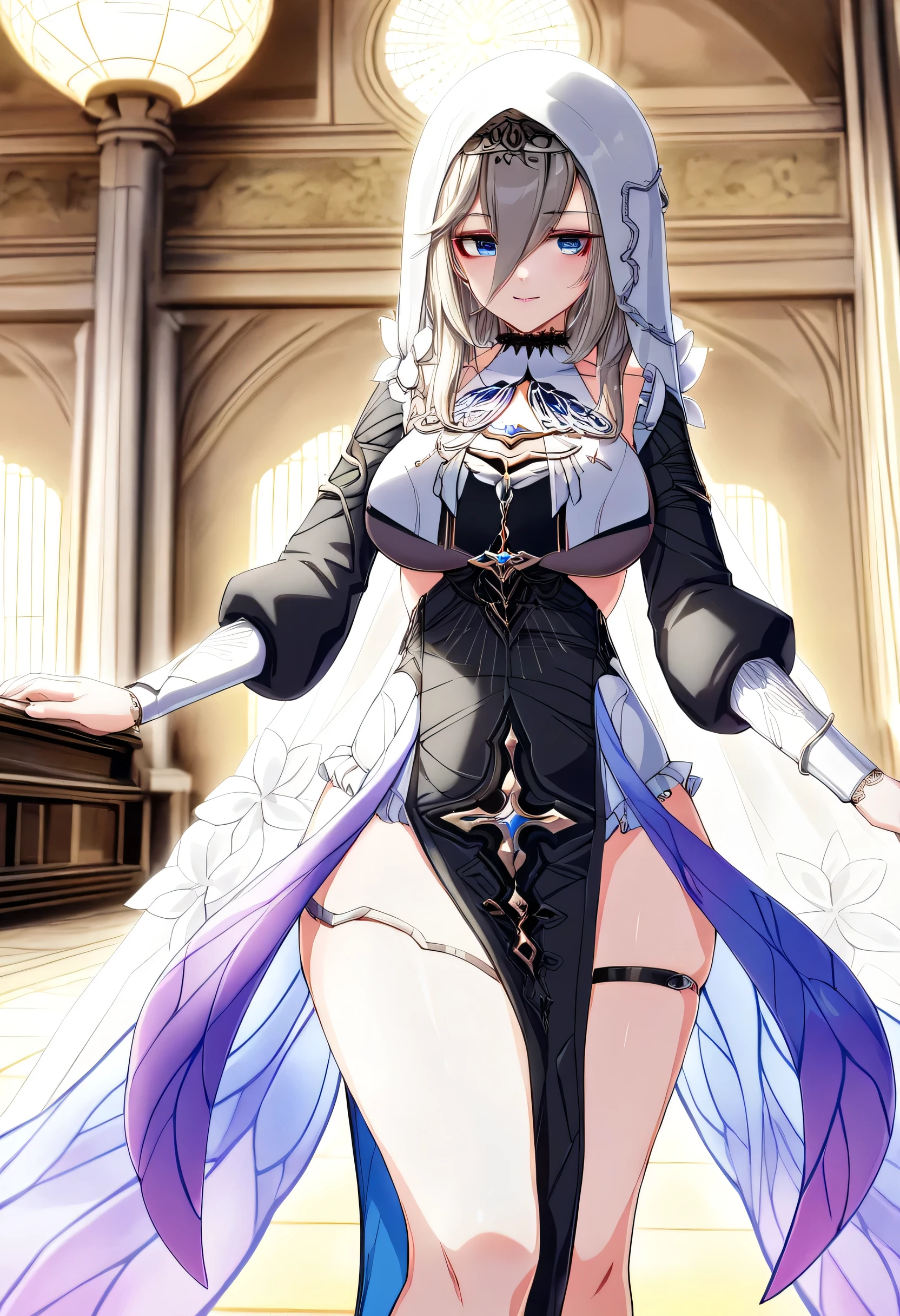 score_9, score_8_up , score_7_up , score_6_up , A woman APONIA of (Honkai Impact), soucer_anime, sharp_lascalae, ultra sharp focus,, tools, more_details_x l , details:1.5, anime, ((temple, interior, Standing)),((Illustrations, Artgerm )),(Really, sense of reality:1.4),( perfect lighting, lententos, micro tight skirt ), ( Eyes with black makeup , eyelashes:1.4),( blue eyes:1,4), (perfect lips, Highly detailed pink lips ), ( realistic details ), ( realistic photo ), ( Perfect Body Structure ), (skin texture style), (realism detailed), (clear and soft skin), (( each highly detailed hair)), (Perfect face), ( Oval face), ( Highly detailed face), (( smiling)), (( seductive expression)), (Blush), (Big peach breasts ), ( heart butt), (( thick thighs)), (( big ass)), (( cleavage)), ( detailed background: 1.2), (illustration:1.4), ( masterpiece: 1.4), (master piece, best quality:1.4), (High definition), (( perfect fingers , better hands, perfect hands , Perfect Legs, perfect feet)), (symmetrical body and face), (amazing lighting), (3 Renderings), ((Roup a de freira, hood, corset, black dress, dress, habit, long sleeves, nun, Veil, a belt on the left thigh)), ((more details, to improve)), ((Opening: f/2.0)), (( depth of field: Average)), ((Angle of 3/4)), ((Spring: grande-angular de 24mm)), (close-up :1.2)), (modern and sophisticated custom interior design, UHD), | Front view U V