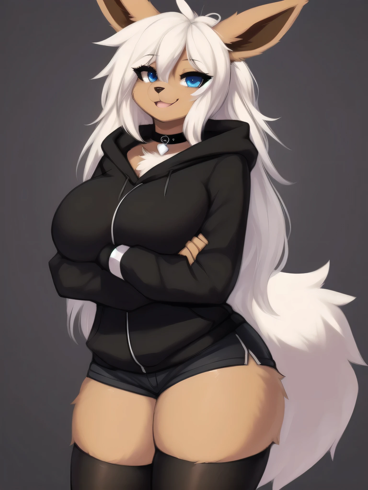 ((masterpiece, best quality)) by zackary911,zackary911, eevee anthro, solo, one character, blue eyes, female, fluffy fur, big fluffy tail, breast, fluffy fur neck, long white hair, wide hips, black hoodie