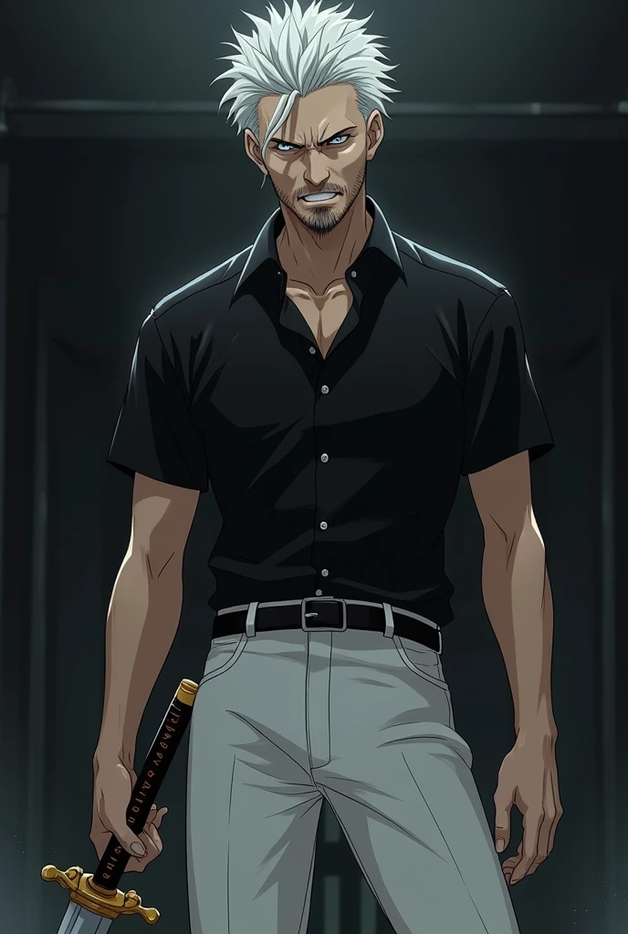 Create a anime style landscape image. Stylized anime portrait of a man. He has a fair skin tone, and short dark hair. He is wearing a black, short-sleeved polo shirt and distressed blue jeans. The man is holding a cigarette in his mouth and has a pair of handcuffs hanging from his left wrist. The background is dark and blurred, focusing attention on the subject. The overall tone of the image is gritty and intense, with a dramatic lighting effect that highlights the man's facial features.