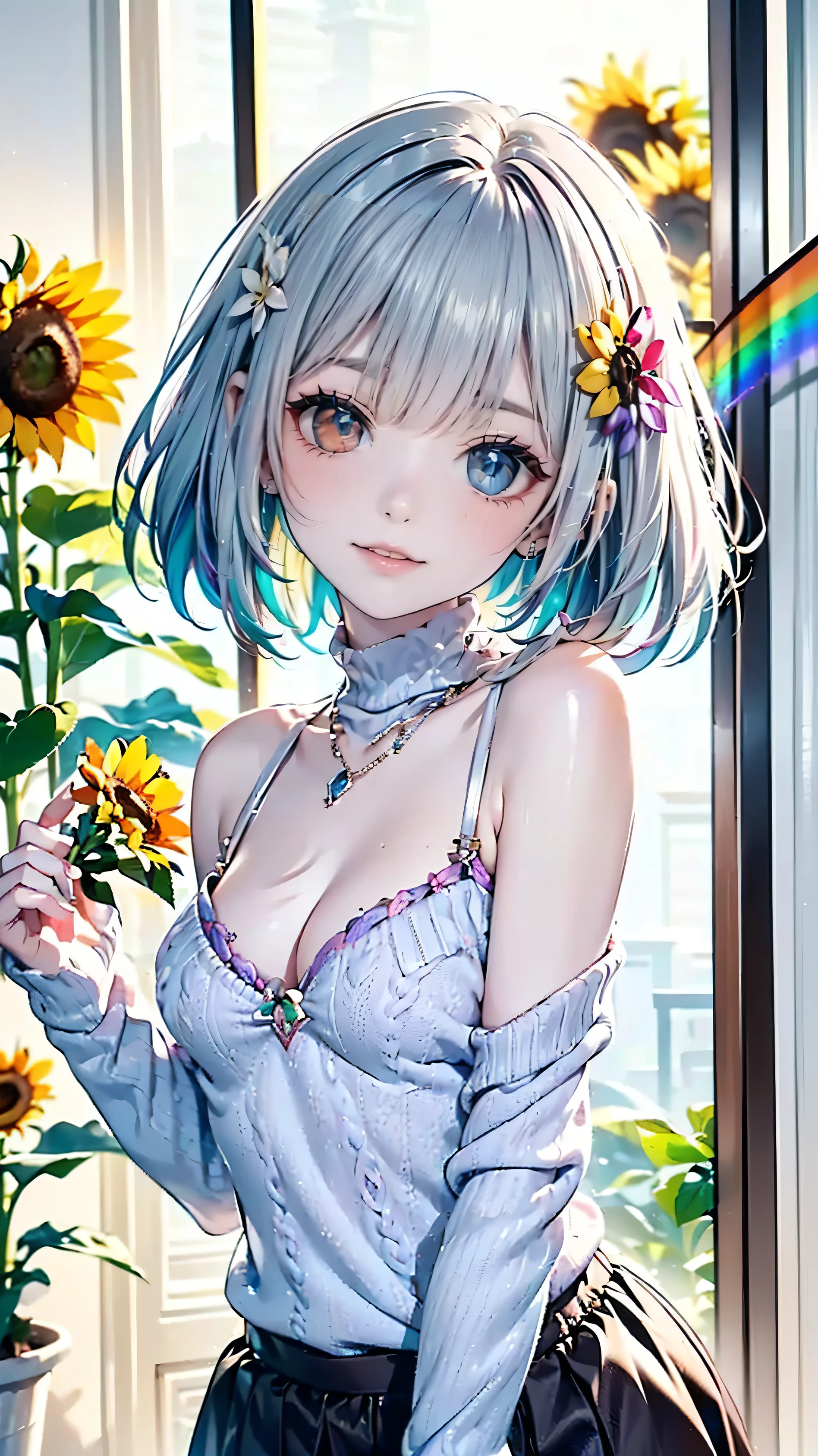 best image quality、Professional、 best quality、((( rainbow heterochromia、 red eyes、 green eyes)))、Odd Eye 、 with sparkling eyes、 Delicate Eyes、(shiny lilac hair)、 long hair、 Princess Cut、 smiles shyly、 super detailed eyes、 Highly Detailed Face 、 Extremely Detailed Eyes、masterpiece、 best quality、 real 、 high school girls、zoom、 looks up、 cute、(( clear silky white skin))、((( floral wool sweater )))、 Red Tight Skirt、(( sweater holding a sunflower in its hand is open))、 raise your face、 Slim、(( small breasts))、 cleavage、 moles on breasts 、(( pink bra))、((Exposed shoulders))、Feather hair ornament、((The ))、(((The color of the eyes is different from left to right)))、((跪いて looks up))、Sunflower field