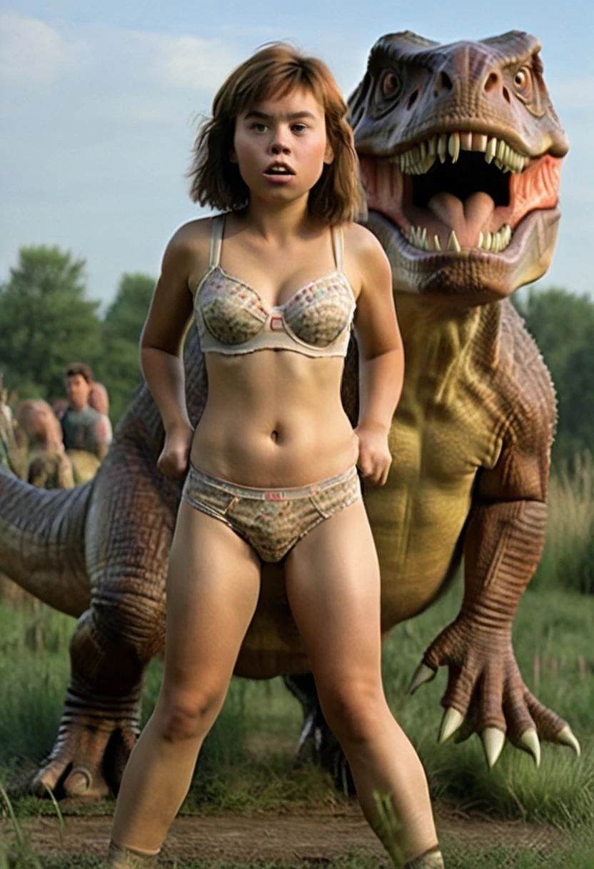 A cave woman has her pet pink velociraptor on a leash and is taking it for a walk in the park. Many other cave people are there with their dino pets (various colors and types)