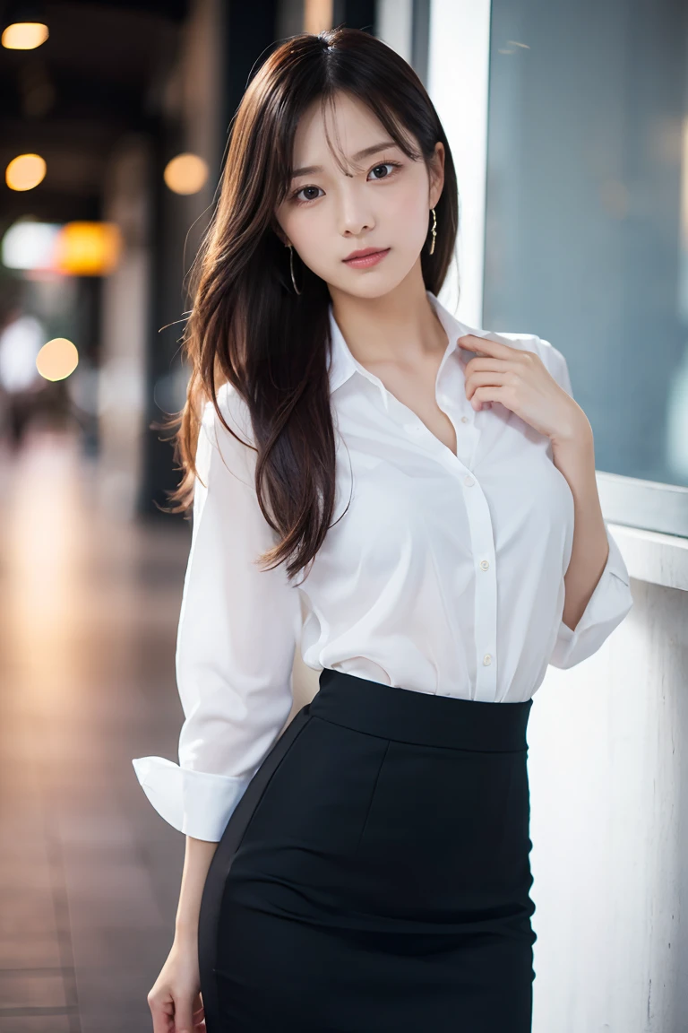 (highest quality,Very detailed,Photorealistic:1.37),Very beautiful eyes, Bright and vibrant colors,Studio Lighting, Playful expressions, Very fine grain, Stylish makeup,Beautiful fashion model posing, Ribbon Blouse Silk Shirt, loose long shirt, (mini black pencil skirt) (Skin Tight Skirt), Slim figure, Medium round chest, High Fashion, Brown hair fluttering in the wind,Captivating eyes,Glossy Lips,Sexy pose, Confident、Captivating smile, Posing for a professional photo shoot, Shallow depth of field, emphasize the subject, Soft natural light, Create a dreamy and magical atmosphere.