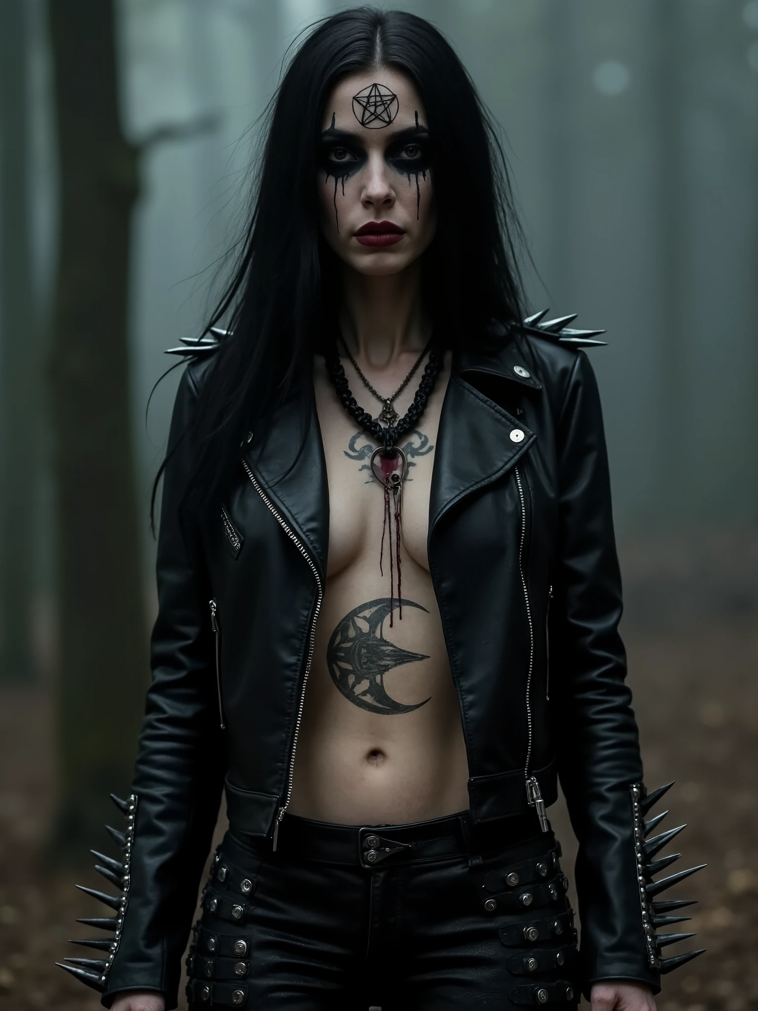 Beautiful black haired woman with black metal paint, pentagram on her forehead,leather jacket with spikes covered in blood,metal plates on her pants,horned tattoo on her belly,dark misty forest background, melancholy,nude,dark realistic photography,dark ambient art,dark surrealism, dark ambient