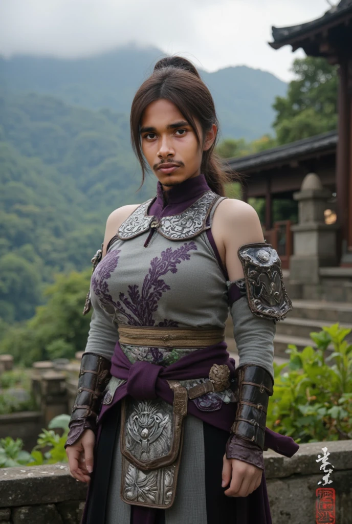 Photo of a fearless mature female samurai, <lora:Sumona2023F:1> Sumona Female, wearing a dirty sturdy suit, (torn clothes:0.5), japanese armor, large breasts, huge breasts, big belly, huge ass, standing confidently in forest (smoke:1.1), mute color