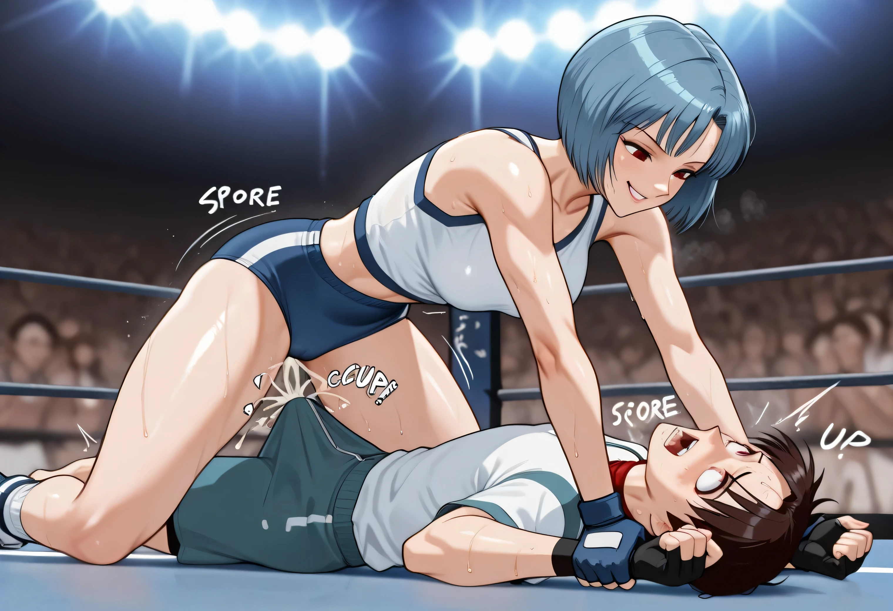 Rei Ayanami,masterpiece, best quality, Beautiful Female vs Male Opponents , Japanese Athletes, Mixed gender match , ultimate fall win by the queen , perfect body through Ngs, Very naughty faces, Soft curves, Obscene and Seductive Faces , short hair , bangs, Blue Hair, red eyes, lying position , Strangling Her Thighs With Her Panties Stick Out , Pushing Each Other's Crotches , grab an excited man's crotch , Hand Squeezed Cum Injection , Aggressive Movements , Active Fighter in a Bulma for School Sports Day, navy blue bloomer , fingerless gloves , mouth, provocative smile, Look Down, shiny skin on the ground, Steamy sweat, focus bot , Depth of field, School Freestyle Wrestling Ring , sound effect