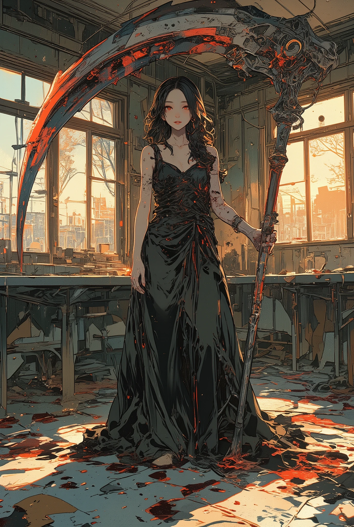 masterpiece, ultra-detailed, cinematic lighting, intricate textures, 8K resolution, dark and gothic atmosphere, anime style, vivid and vibrant colors, a striking young woman standing confidently in an old, abandoned hospital room at dusk, wearing a sleek black satin gown that shimmers faintly under the warm, golden light of the setting sun filtering through broken and dusty windows. Her eyes glimmer with a haunting allure, and her lips curve into a subtle, unsettling smile that exudes both charm and menace.
She holds a massive, intricately designed scythe in one hand, its blade stained with fresh, dripping blood, casting sharp, reflective glints against the dimly lit room. Her posture is poised and commanding, her dark hair cascading in elegant waves, partially illuminated by the fading sunlight. The blood splatters on the cracked, aged tiles and peeling walls tell of a recent, unseen violence, adding to the scene's eerie tension.
The lighting is a masterful interplay of warm and cold tones, with soft, warm sunlight creating golden highlights on her dress and face, while deep, shadowy corners of the room contrast with cold, bluish hues. Reflective surfaces on the floor amplify the vivid reds of the bloodstains, enhancing the macabre beauty of the scene. Subtle particle effects of floating dust and faintly glowing red embers drift through the air, adding depth and an ethereal, otherworldly quality.
Advanced techniques like chiaroscuro and glazing bring out the intricate details of the scythe, her gown, and the decayed environment, while vibrant color grading accentuates the contrast between beauty and horror. The entire composition exudes a captivating mix of elegance and dread, as if capturing the moment before a deadly yet mesmerizing encounter.