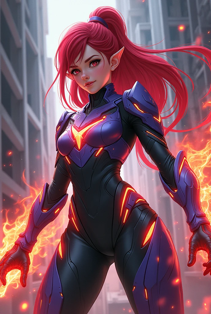 ((masterpiece, best quality)), anime style, <lora:more_details:0.5>, <lora:Sabrina_Pokemon_Anime:0.8>, Sabrina_Pokemon, purple hair, very long hair, red eyes, solo, smiling, looking at viewer, cowboy shot,, shiny metal, body armor, breastplate, fingerless gloves, shoulder armor, gauntlets