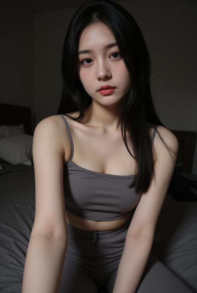 masterpiece, best quality, illustration, Super detailed, fine details, High resolution, 8K,wall paper, perfect dynamic composition, Not too much exposed skin, from above, squatting with one's legs outstretched, Spread your legs, (Details High quality, realistic depiction of eyes:1.3), 20 year old girl, Gravure Idol, cute type, large breasts, straight hair, black hair color, Korean style makeup, Big Natural Color Lip, thick thighs, perfect body shape, plump figure, White T-shirt with low exposure, messy room