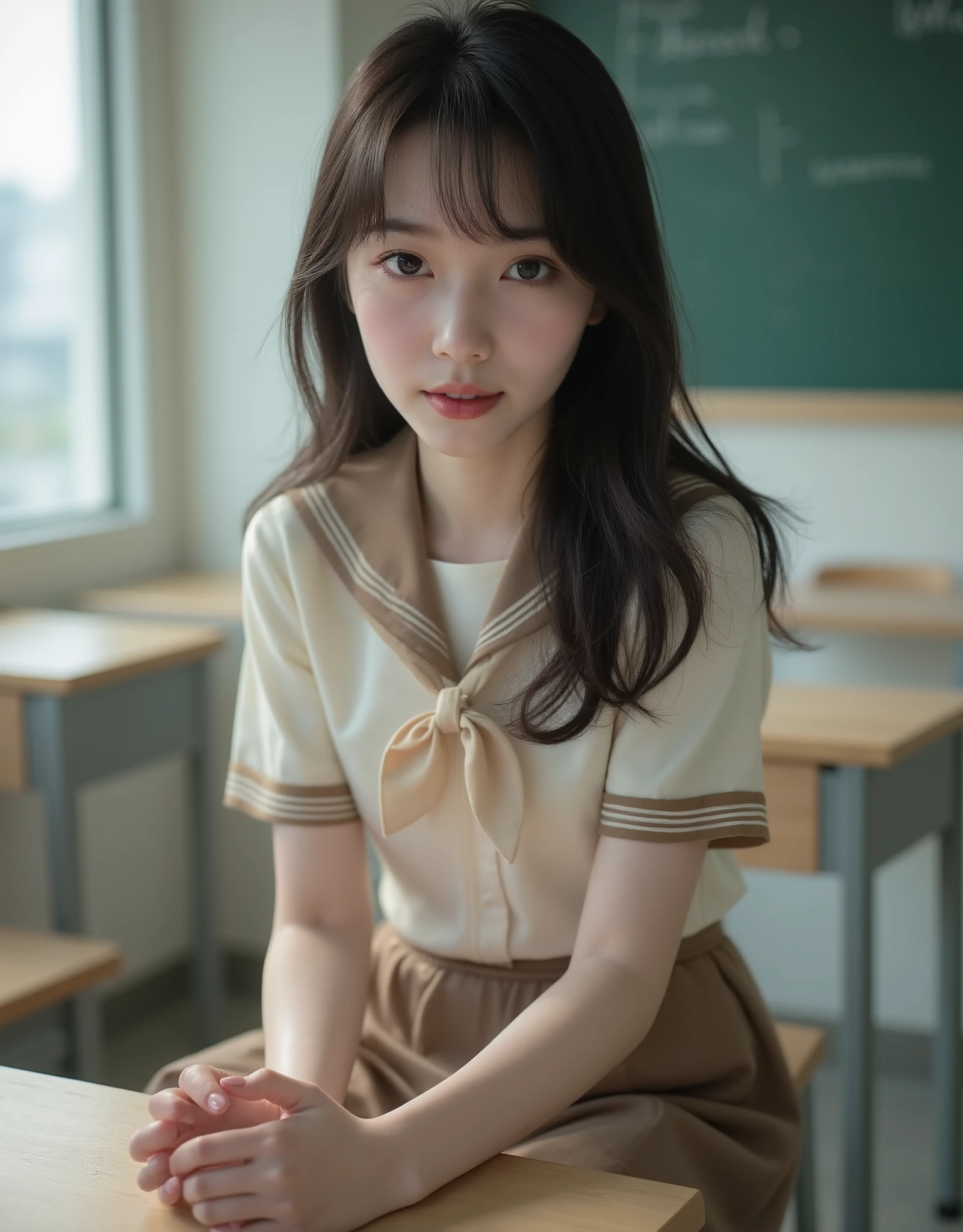 (Canon), (EOS R5), (50mm), ((( photorealistic:1.5))), (No lens flare :1.5), ((超 high resolution)), (masterpiece), accurate,( is presentな質感の肌), more details, high detail, high quality , Award-winning work , 最 high quality, 32K, depth of coverage, digital camera, award-winning glamour photo , professional lighting, (SFW), ((最 high quality:1.5)), ((masterpiece:1.5)), (( is present)), high resolution, is presentな影, Roughness, Real Life,( 1 Japanese woman so beautiful and cute), ( The cuteness of Japan's top idol ), ((Upper body shot seen obliquely from the front :1.5)), (( upper body shot from head to knee :1.5)), (( cute 18-year-old Japanese high school girl )), (((white short sleeve sailor suit:1.8))), (( high school classroom , desk, chair, blackboard, and window visible )), (((襟と胸当てが茶色で3本の白色ラインがある半袖の白色夏服セーラー服と brown flare skirt を着て椅子に座っている:1.8))), (( short sleeve white sailor suit with brown collar and breast :1.8)), (( no front buttons on a sailor suit :1.8)), (( sailor suit bib is brown and has 3 white lines :1.5)), (( brown flare skirt :1.5)), (( cream scarf for sailor suit :1.8)), ((Brown scarf closure :1.5)), (( no accessories:1.5)), (( No Earrings :1.5)), ((Without necklace:1.5)), ((Women's watch on her left arm )), (( a very cute high school girl who feels young )), Attractive cuteness , seductive pose holding hands, Height: 160cm, slim figure, Beautifully shaped bust, D Cup, ((少し歯が見える very cute smile:1.5)), ( alone:1.5), (There is only one person in the classroom), ( brown eyes:1.9), ( Detailed depiction of extremely realistic skin ), (Highly detailed, realistic eyes:1.9), (Very beautiful, long, realistic eyelashes), (Highly detailed, realistic eyebrows), (丸い brown eyes :1.8), ( beautiful catchlight on the eyes), (Realistic lips with moisture ), ( white realistic teeth arranged neatly), ( Beautiful and Detailed Face :1.6), ( hourglass figure :1.6), (Wasp waist :1.5), ( Perfectly round and beautifully shaped bust :1.8), ( clearly contoured cheekbones :1.5), ( perfectly styled body :1.8), (Healthy body :1.8), (Narrow shoulders:1.9), ( viewers), ( seductive gaze), (Beautiful, natural-looking hands), ( beautiful pink nails with a beautiful length ), ( show your hands as little as possible ), ( very cute smile:1.1), ( her stomach and navel may be slightly visible:1.4), ( dark hair medium hair :1.3), ( beautiful black hair), ( has bangs), Natural atmosphere, Very cute type, beautiful thighs, (( evening classroom )), (( with a pencil case and notebook on her desk :1.4)), (( show your hands as little as possible )), ((I can't show my feet)), blur background, Illuminate the face, dynamic pose , beautiful body line , Beautiful, realistic skin , Art Photography, beautiful soft lighting , accurate手の形, accurate指の形, accurate指の数,5 fingers on one hand ,((No watermark, No signature))