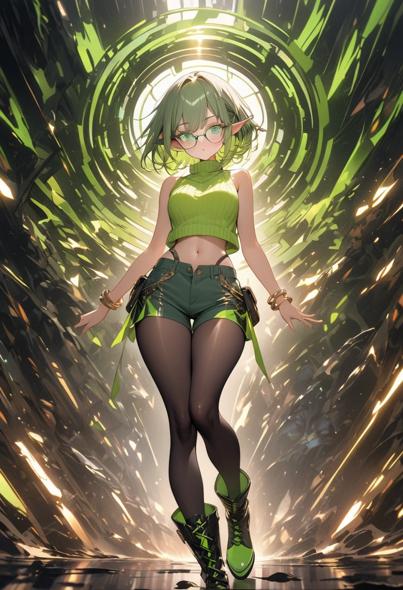 Tall woman, 5 meters tall, gray hair, big thighs, big butt, good figure, white skin, monochrome green and purple eyes, loose and disheveled hair, playful appearance, tight pants, looking down at viewer