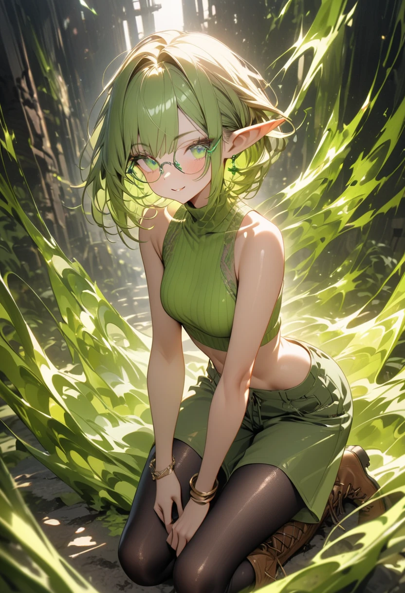 Black background with spotlight, Long eyelashes, Green jacket、beautiful girl、Raise your arm and show your armpit., Pointed Ears