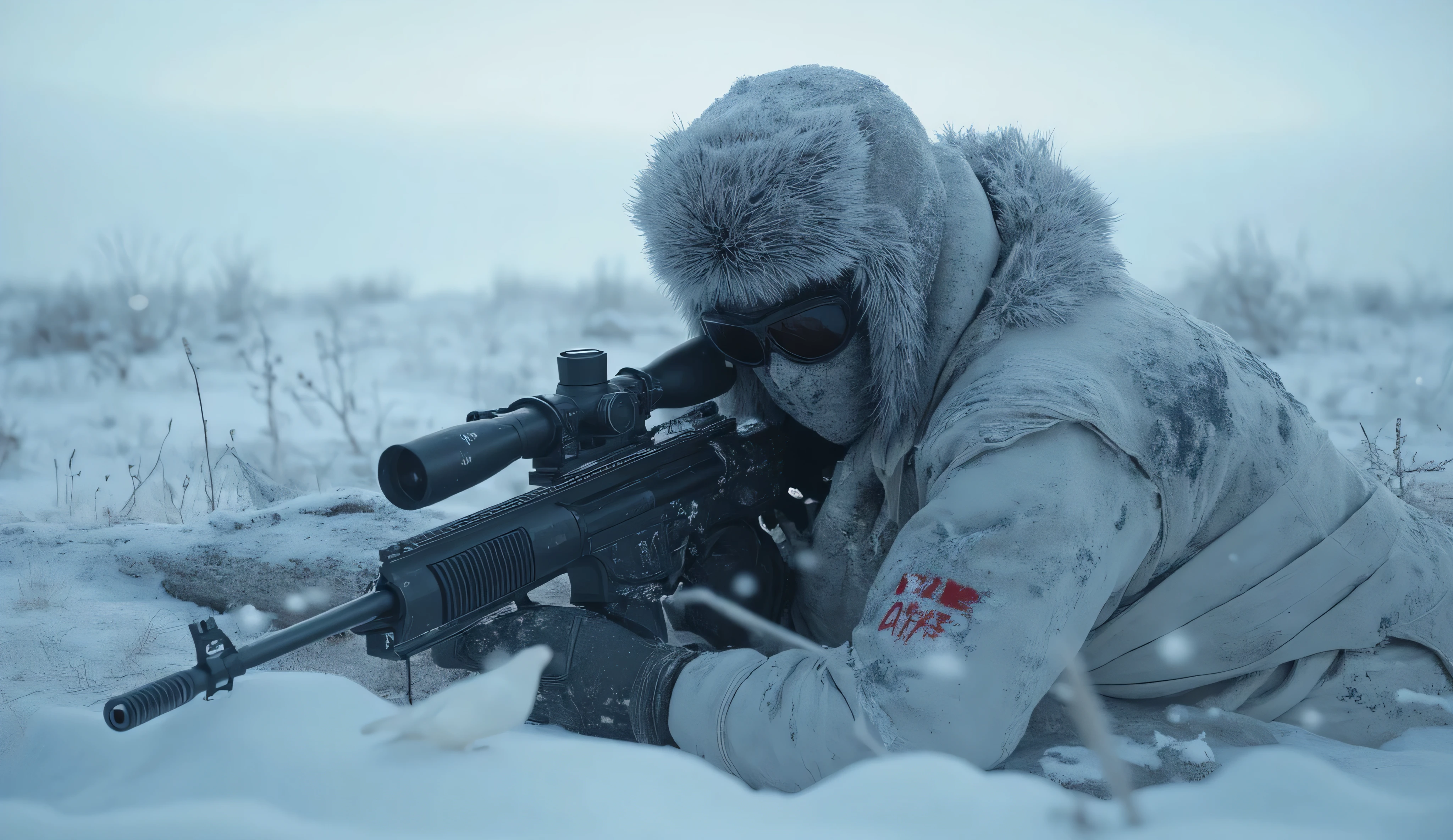 The cold north. A sniper with a big black sniper rifle. He is wearing a white military warm uniform. A white uniform with black elements. snowstorm. the ice forest of the north.. Cold lighting. A face mask covering the nose and mouth. Birds in the sky. Bushes. Large snowdrifts. He takes cover behind a fallen log. There are red Scandinavian runes on the sniper's uniform. The horror.