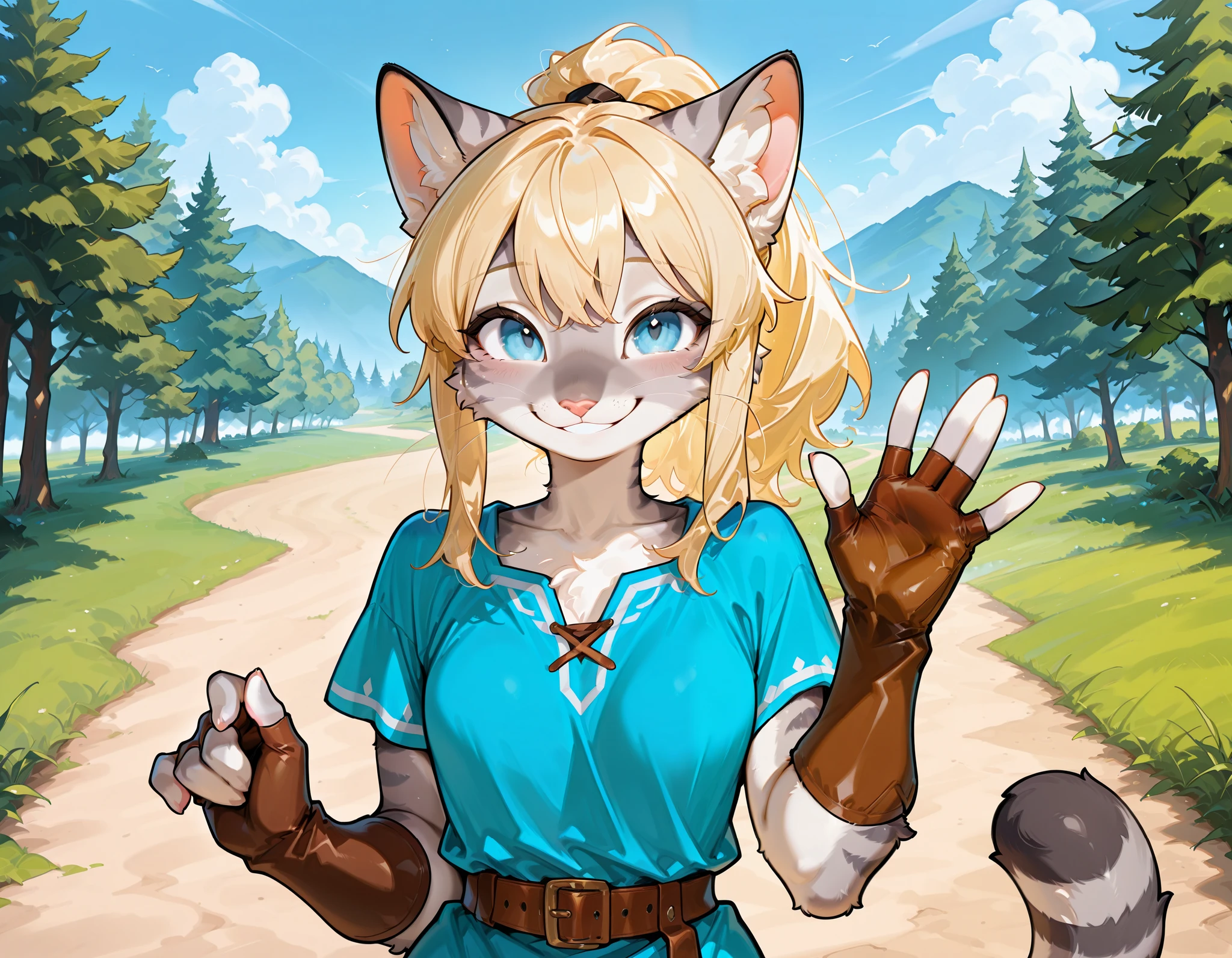 , solo, katXL, countershading, adult female, Anthro furry feline, blue eyes, grey striped fur, waving, cheek fluff, blonde hair, long blonde hair, ponytail, bangs parted to the side, small breasts, pink nose, small chest size. whiskers, tall body, wearing short blue tunic, brown belt, brown fingerless arm length gloves, upper body shot, outdoors, playful pose, shy smile, looking at viewer, masterpiece,best quality,amazing quality,very aesthetic,absurdres,newest,