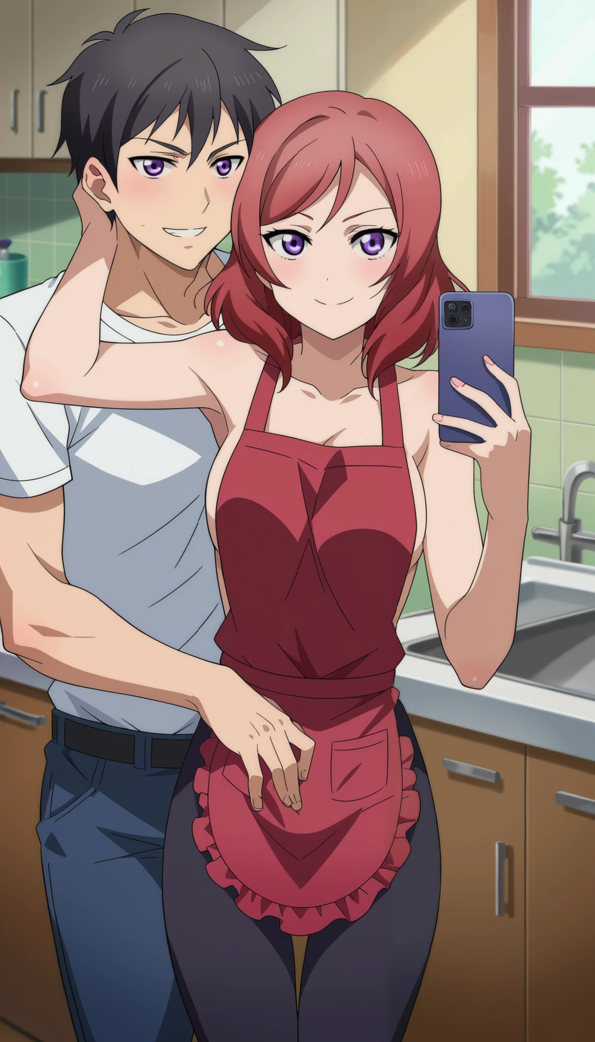 score_9, score_8_up, score_7_up, source_anime,
makinishikino, maki nishikino, short hair, purple eyes, red hair,
Red short apron, naked, Naughty, Have sex,
indoors, Kitchen, MC, 1boy, black hair,emo, Long pants, handsome, girlfriend and boyfriend, selfie,
cowboy shot, Tempting, smile, From Front, looking at viewer