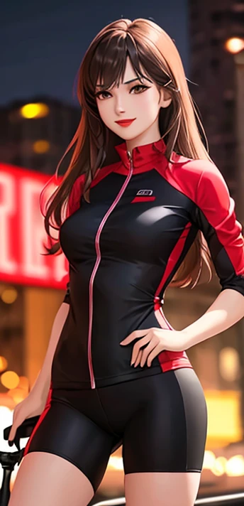 1girl, solo,underwaterbrown hair, brown eyes, parted lips, long sleeves, jacket, simple background, upper body, red background, looking at viewer, teeth, red jacket, lips, cosplay, full body, smile,motorbike