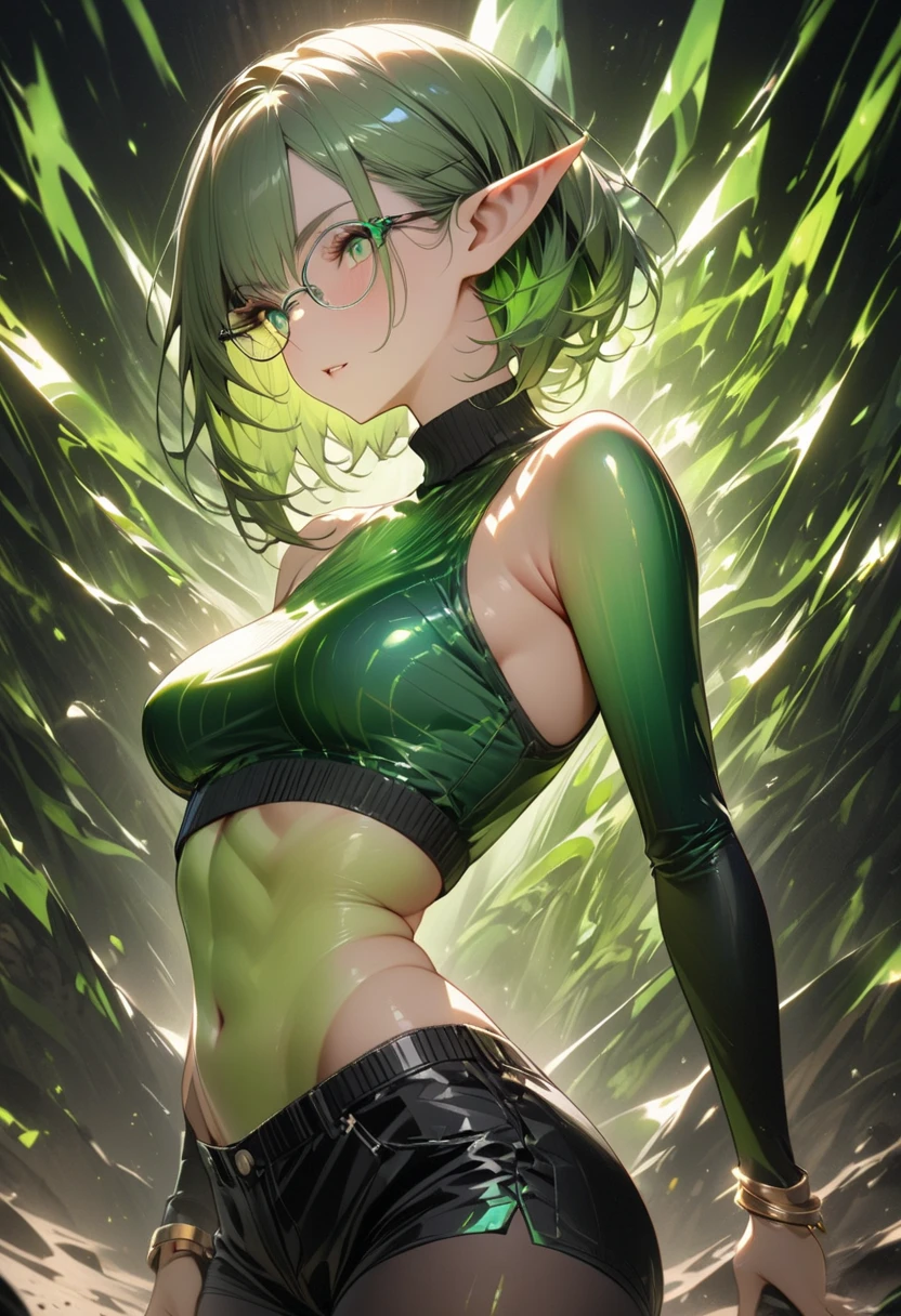 ultra detailed, absolutely resolution, masterpiece.
intelligent beauty elf, long thick green eyelashes, captivating green eyes, green short wolf cut, beauty expression, great body proportion, abs.
square silver-rimmed glasses, wearing green sleeveless turtleneck cropped knit sweater, green very shorts, black pantyhose, brown lace-up long boots, gold bracelet.
background underground laboratory.
various iridescent effects, extremely delicate depiction, extremely clear image, bold and dynamic, contrasts of light and shadow