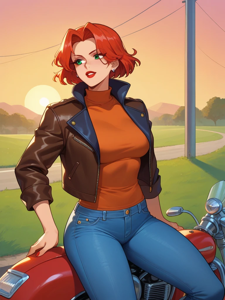 1girl, Best quality, masterpiece, cowboy shot, orange hair, green eyes, tight cloth, bikers clothe, riding motorcycles